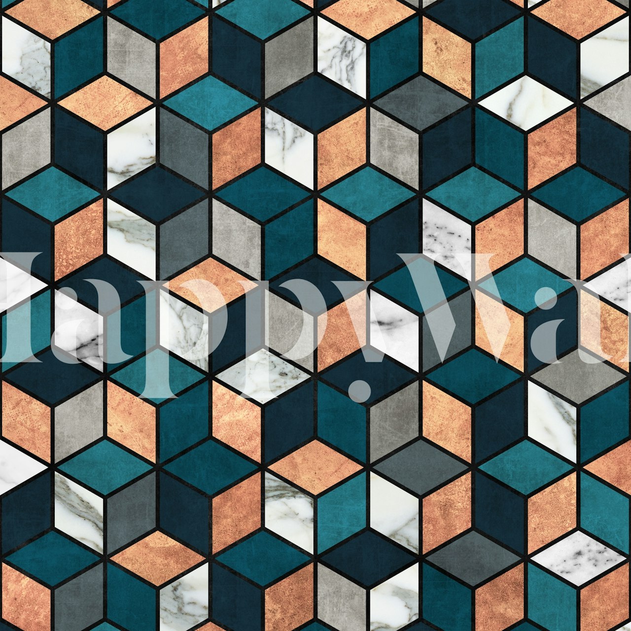 Copper Marble Cubes with Blue wallpaper in a room
