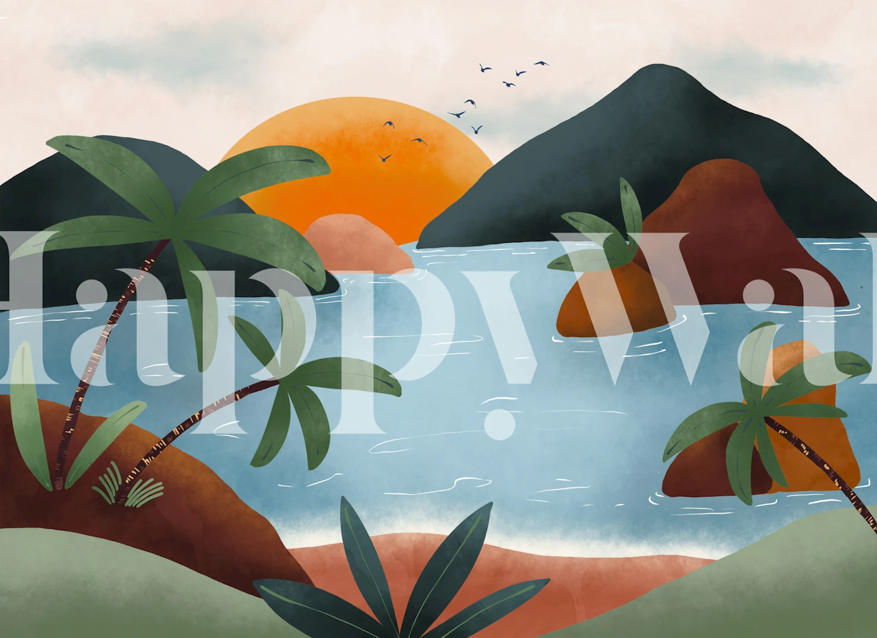 Papel pintado Exotic Lagoon Twilight en una habitación