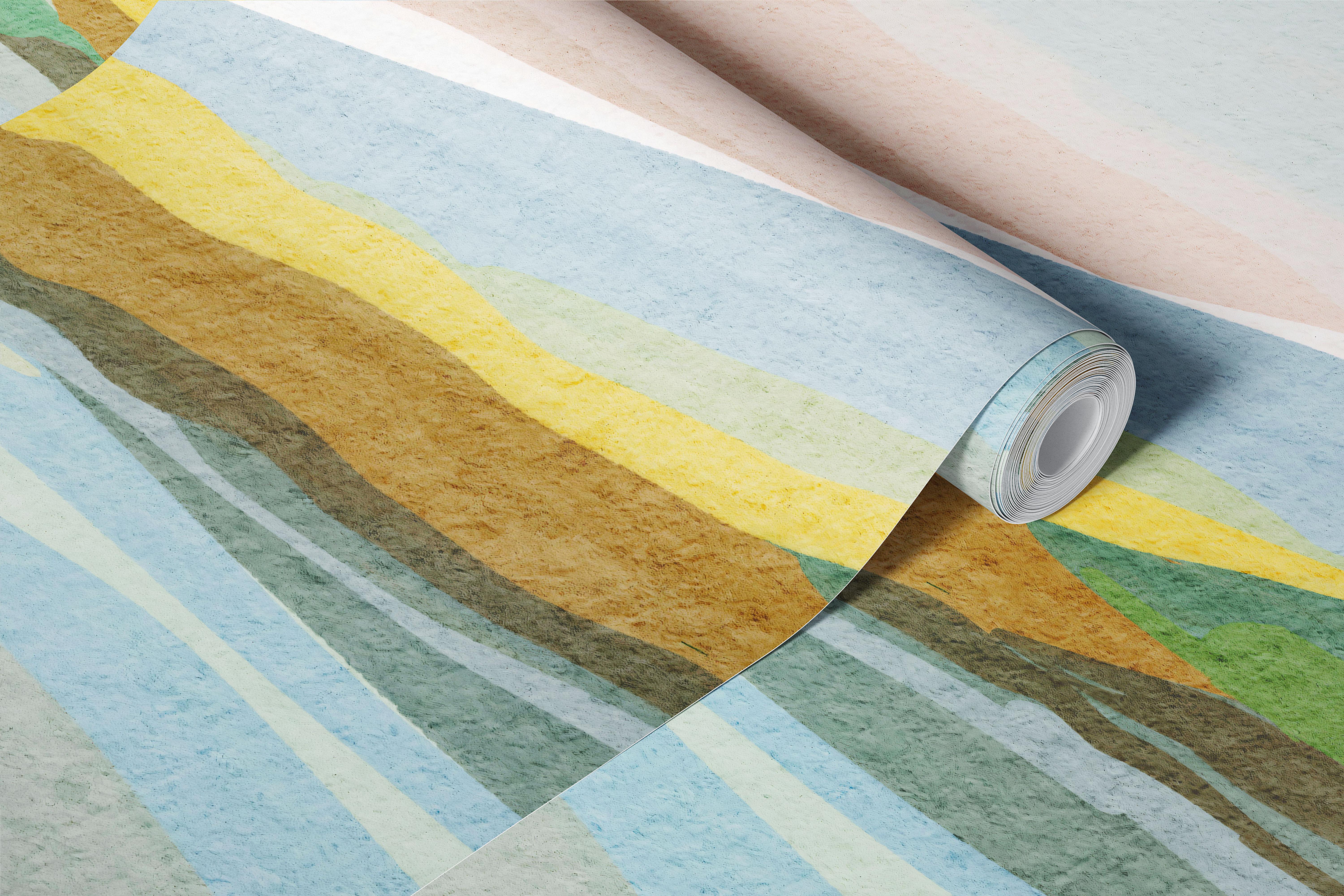 Abstract mountainous landscape in soft greens, blues, and pastel tones wallpaper