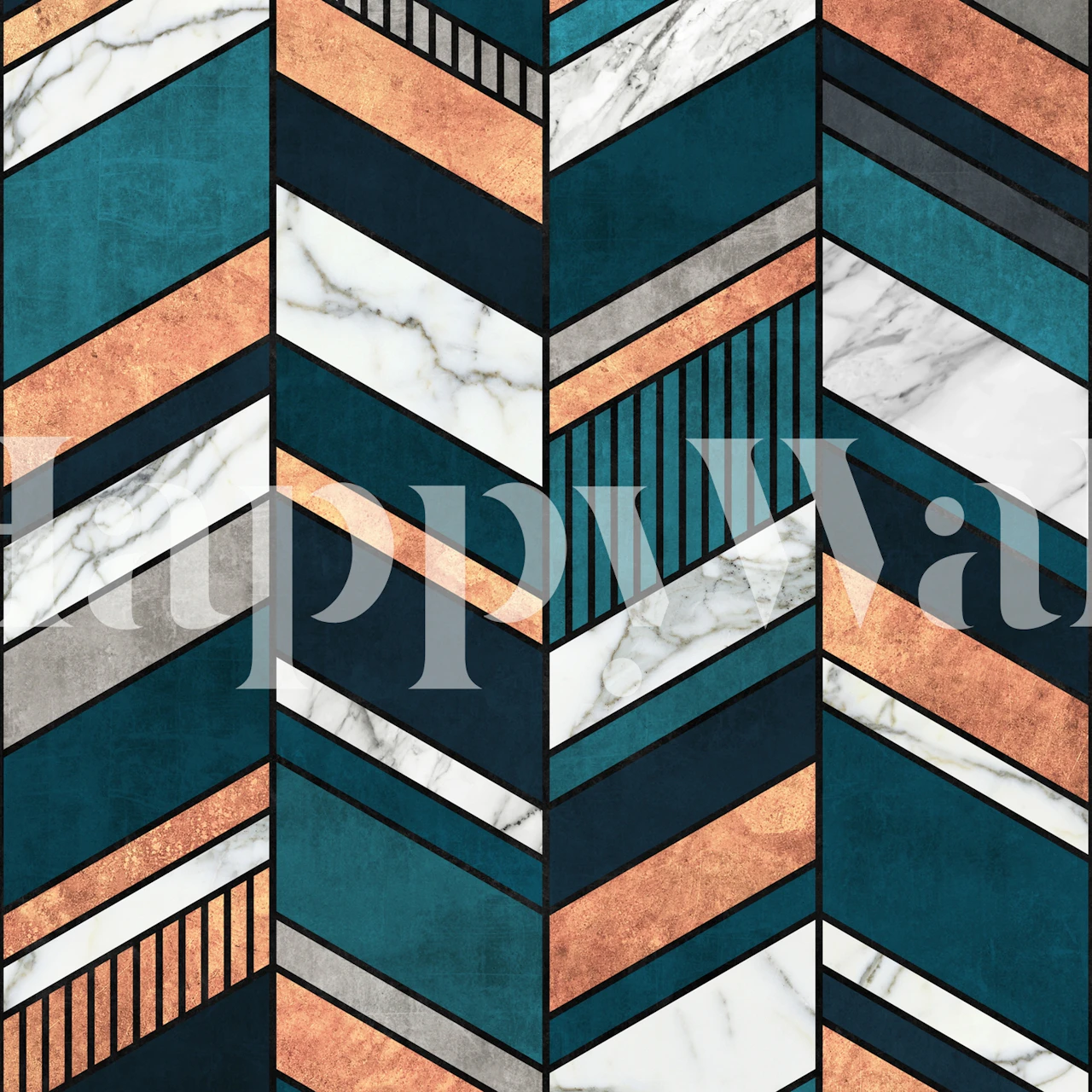 Geometric chevron pattern in teal, copper, and marble wallpaper