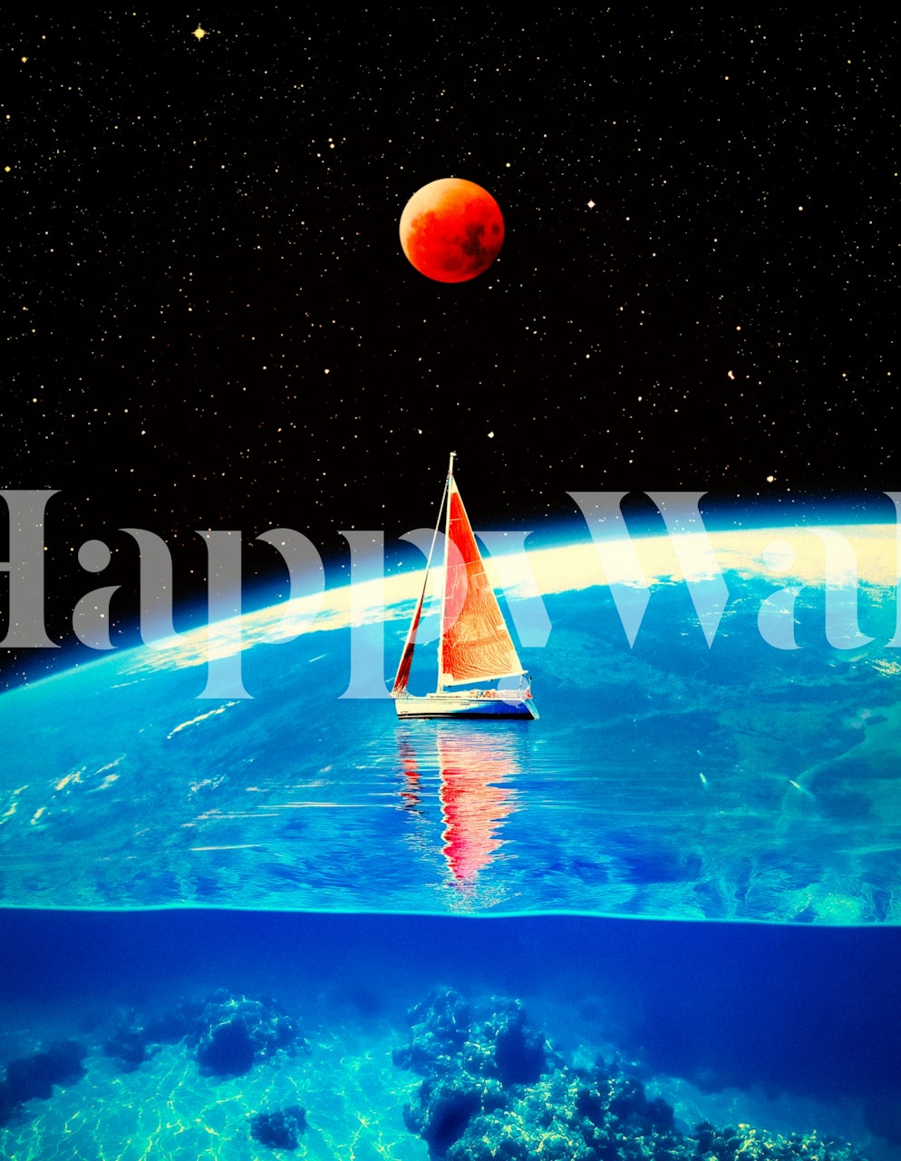 Tapetti, jossa on vene ja kosmisia elementtejä