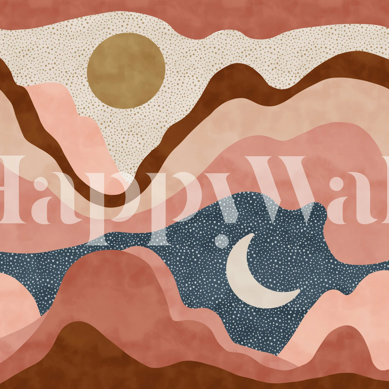 Abstract wallpaper with warm pink and brown waves and navy accents with a moon and sun motif.