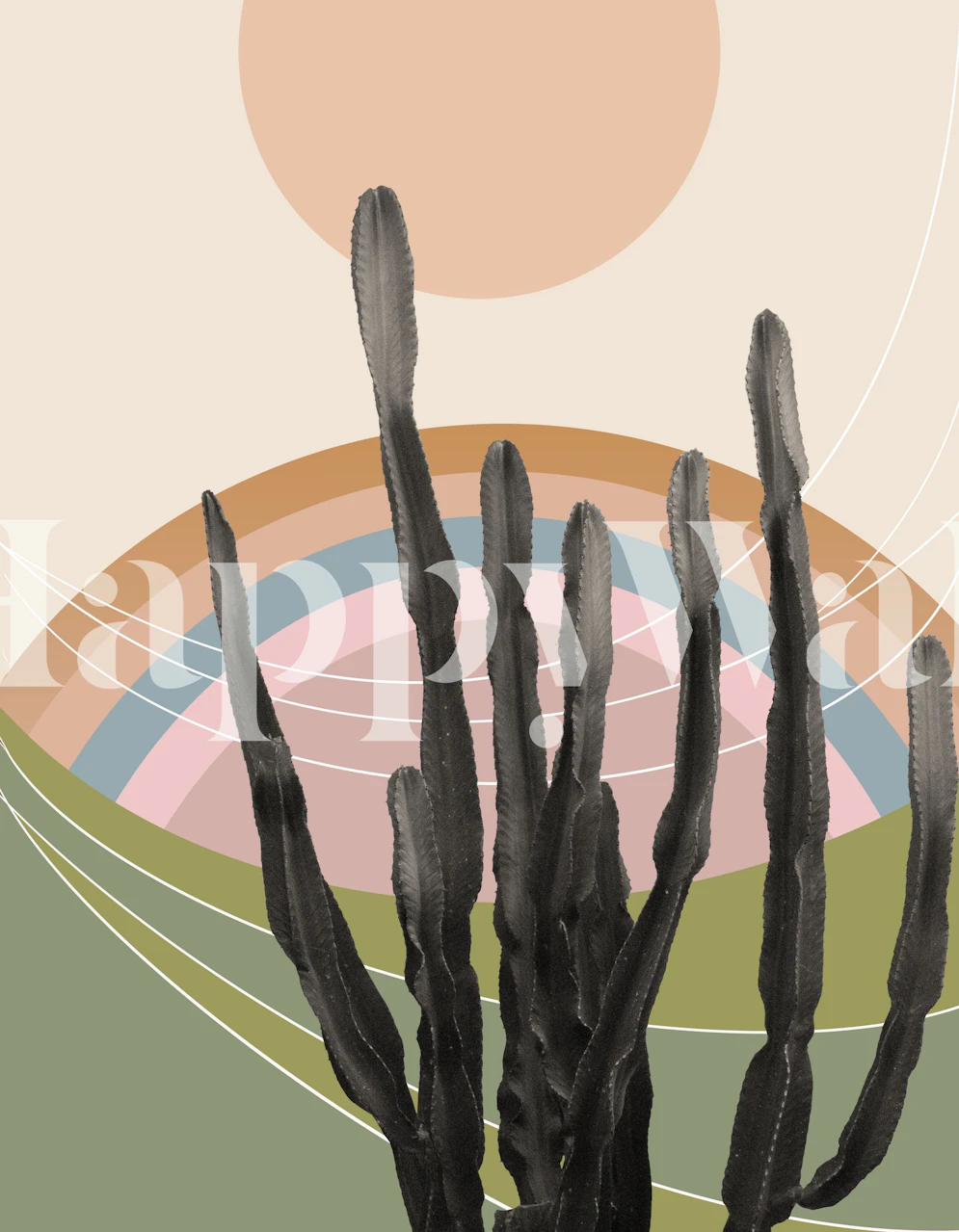 Cactus silhouettes with soft earthy colors and geometric patterns wallpaper