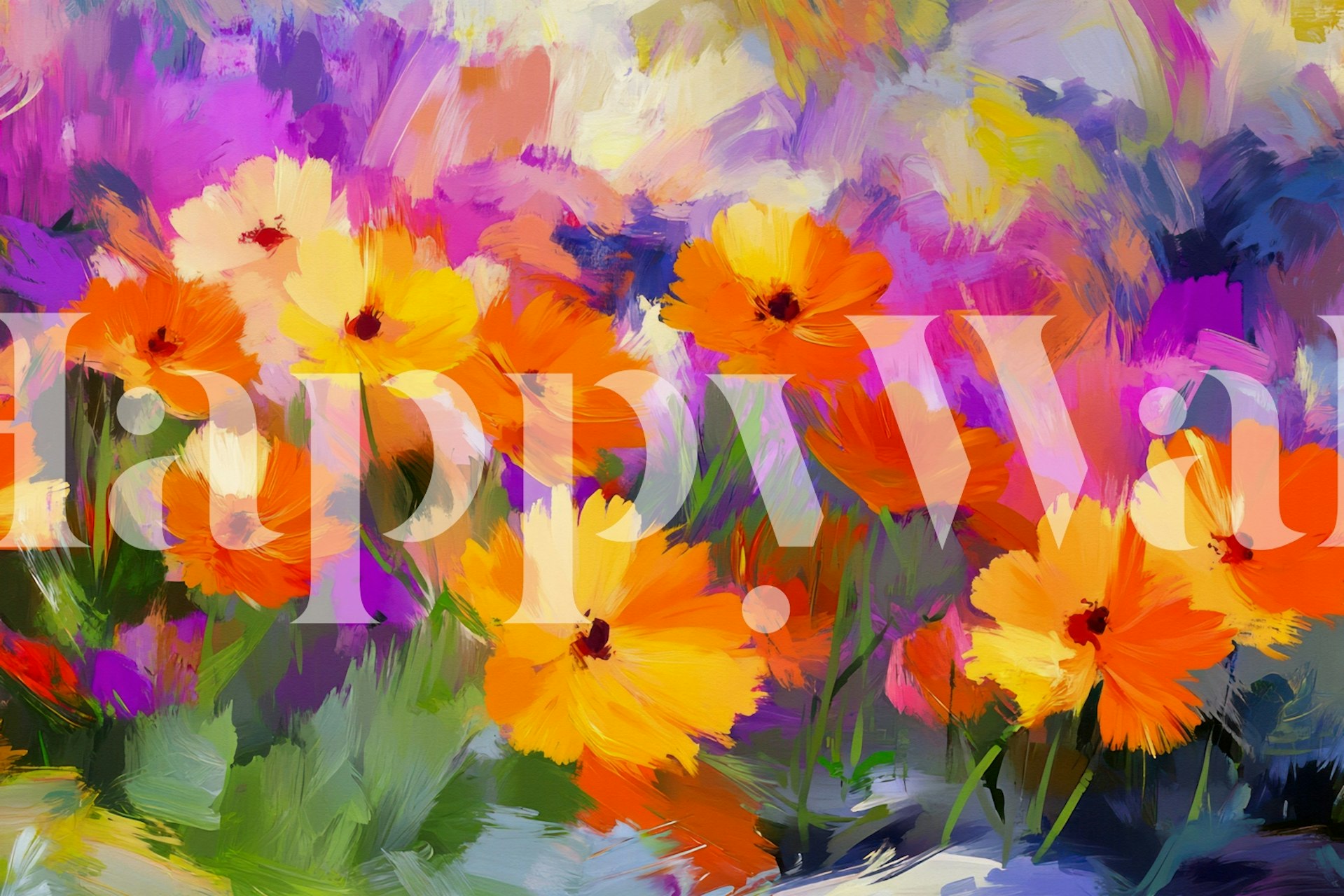 Vibrant abstract flower meadow wallpaper in a room