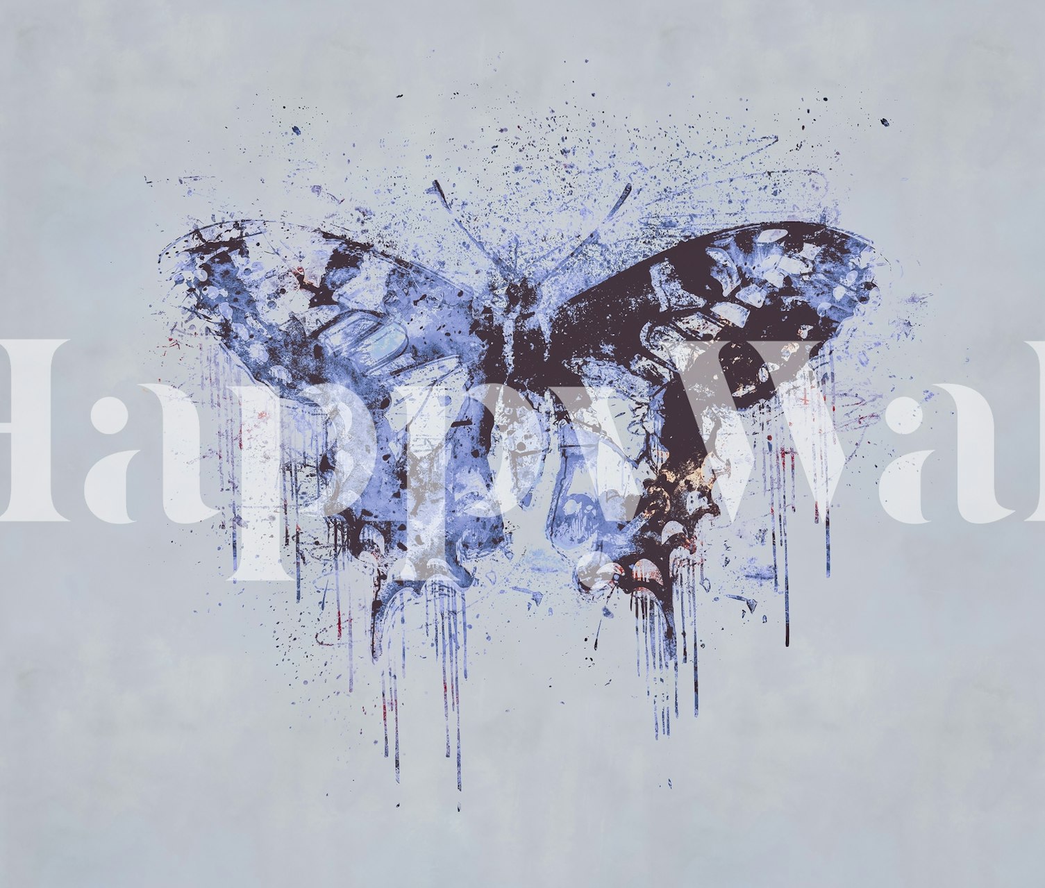 Abstract butterfly mural with blue splashes