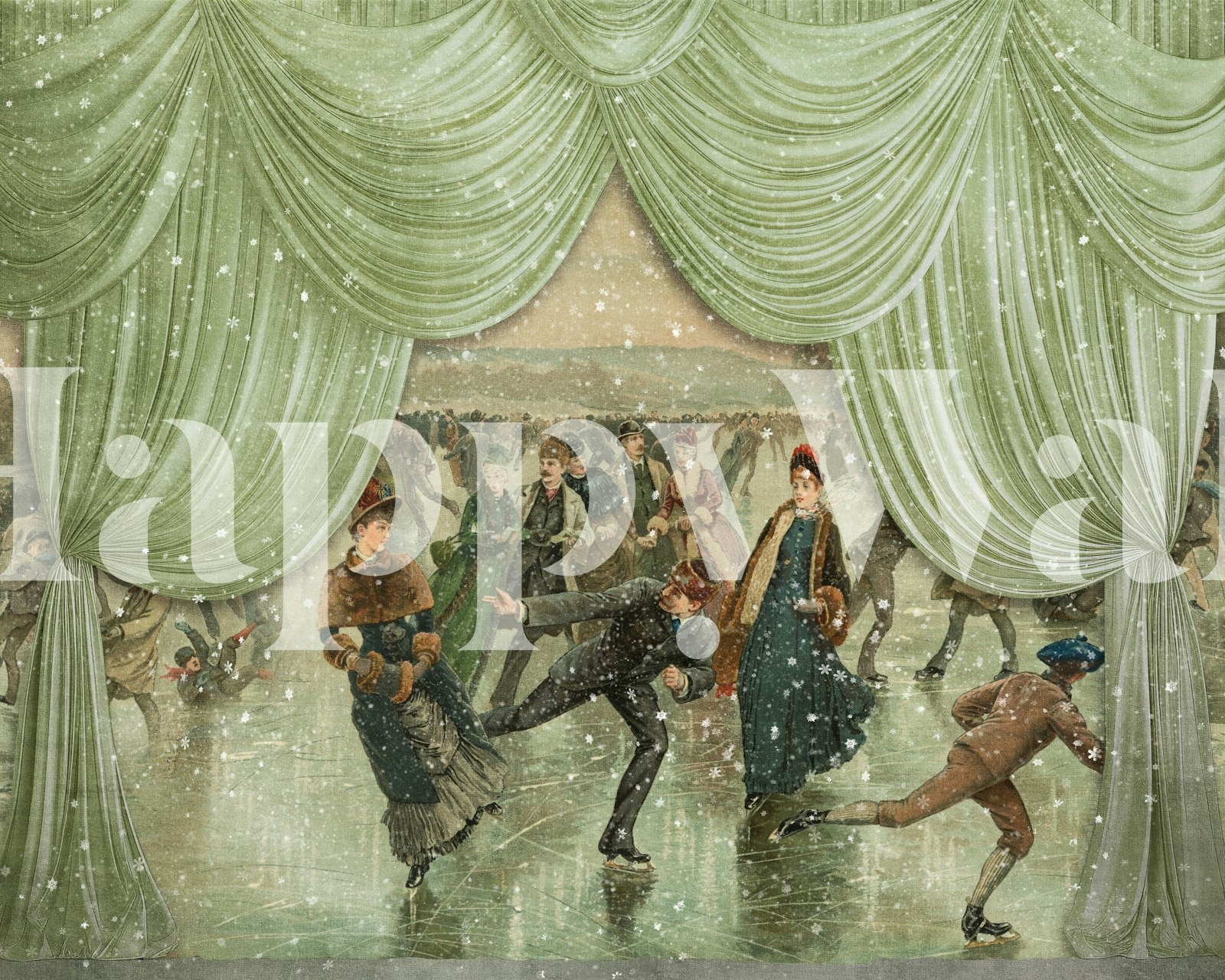 Vintage ice skating scene with green curtains and snow falling wallpaper