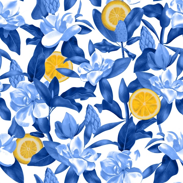 Porcelain Blue Magnolias and Lemons