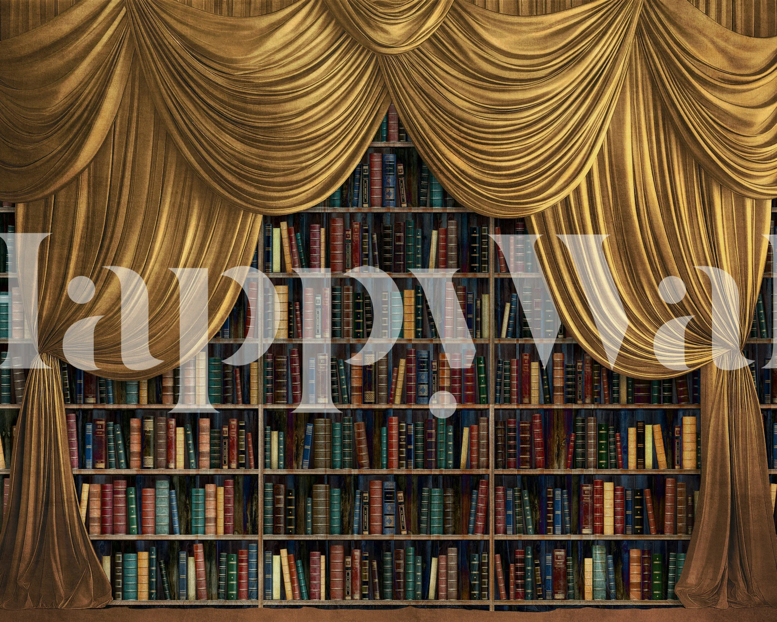 Elegant library wall mural with colorful book spines and gold drapes wallpaper
