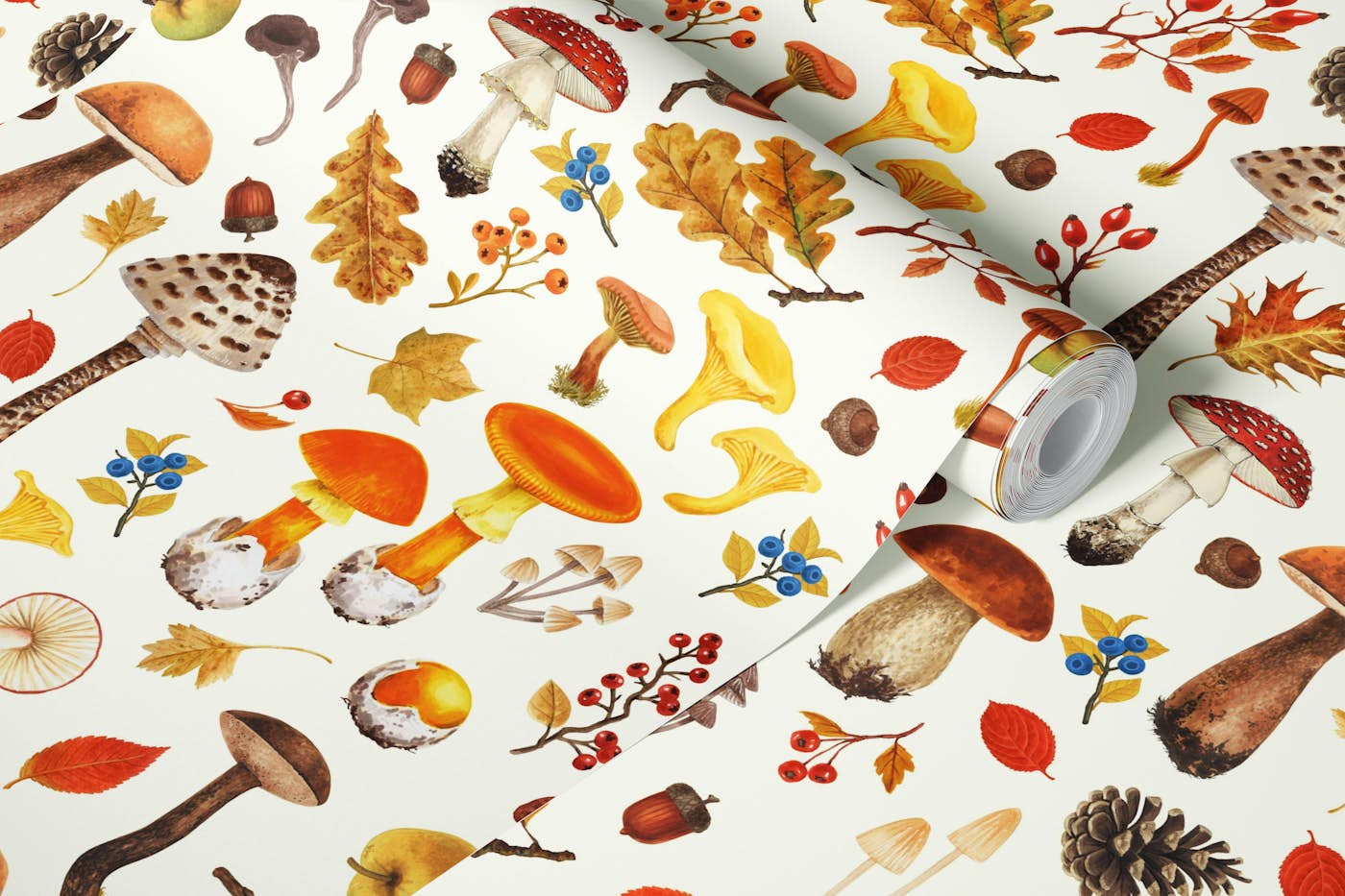 Wild mushrooms on off white wallpaper roll