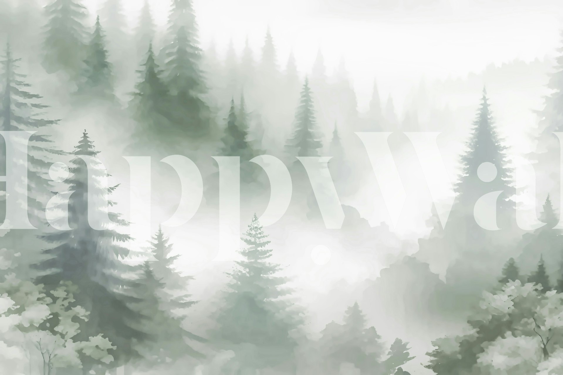 Misty Pine Forest Peaks wallpaper in a room