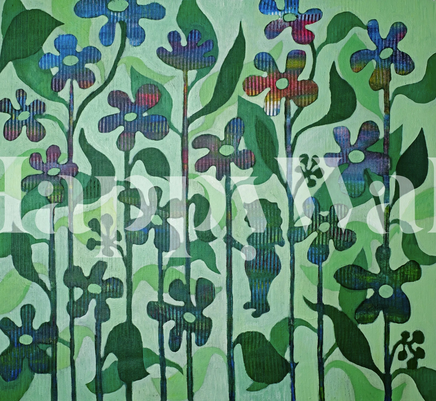 Colorful flowers and green leaves pattern wallpaper