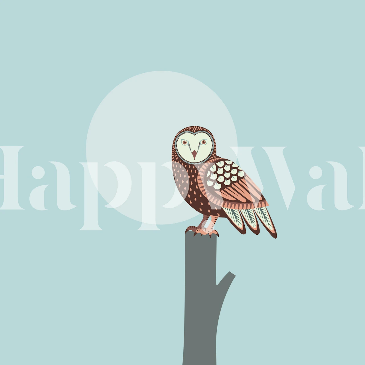 Barn owl perched on a tree trunk with a large moon, light blue background wallpaper