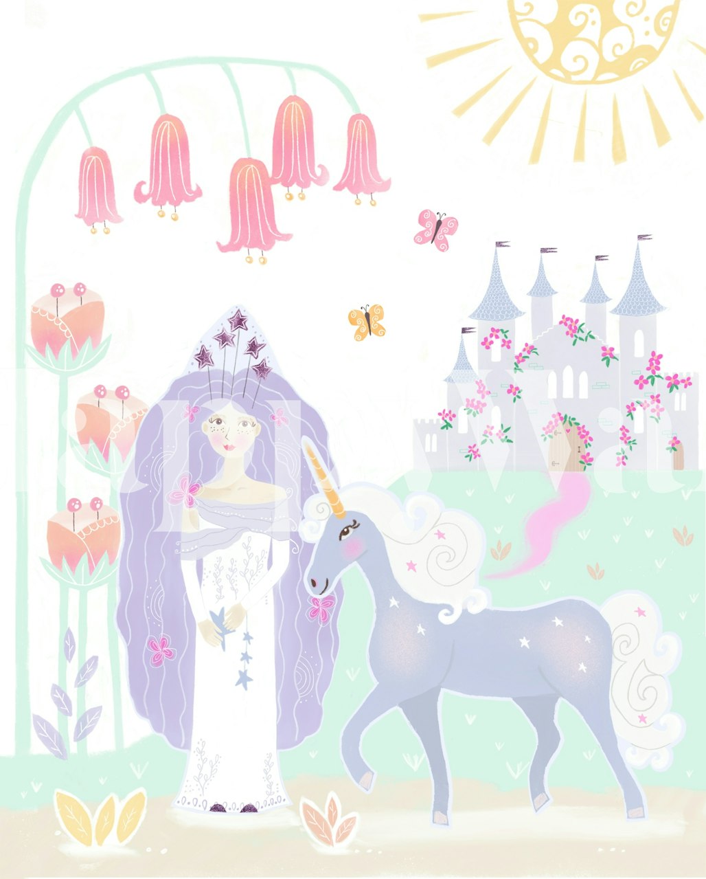 Princess Lia with cherry blossoms and a unicorn in pastel colors wallpaper