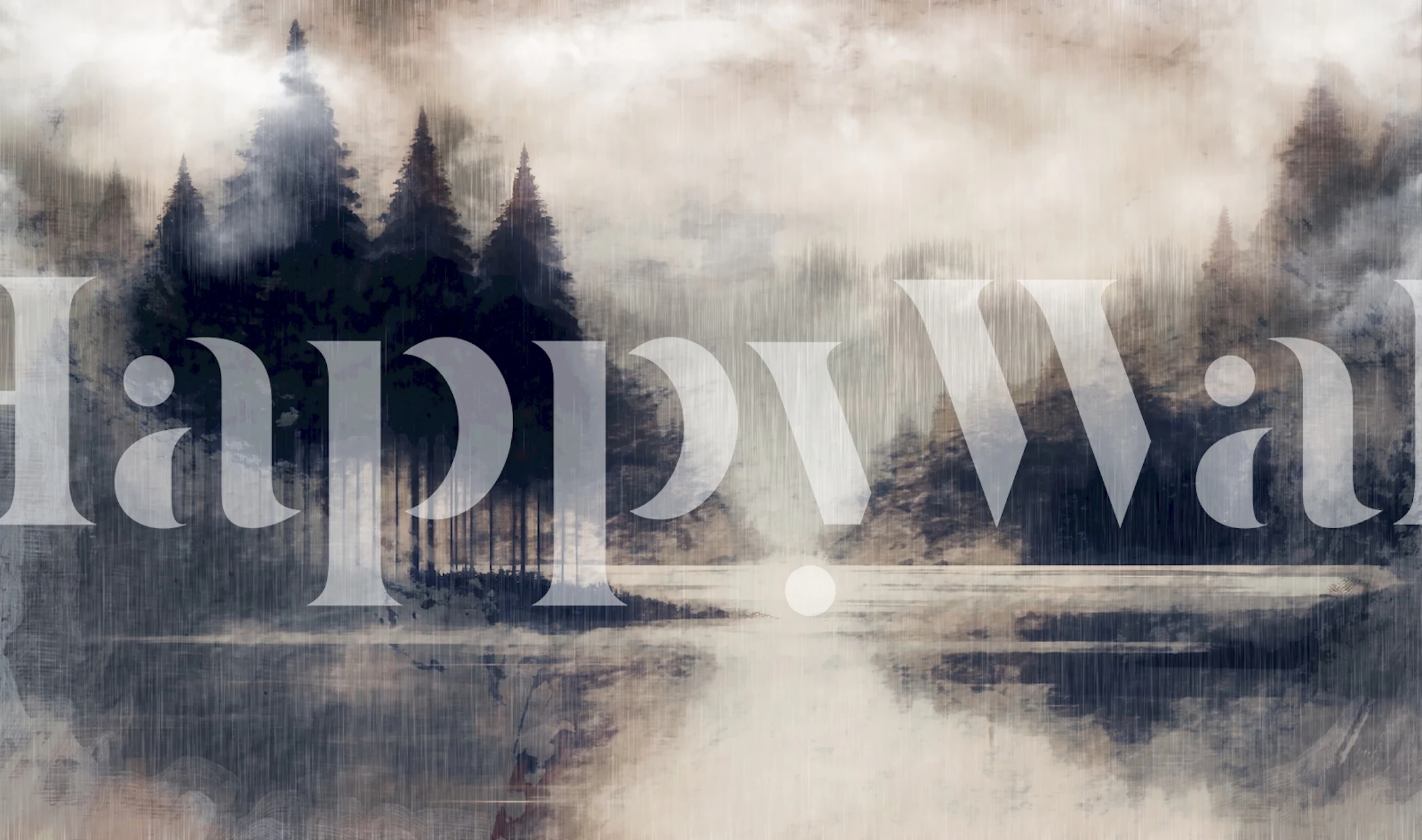 Misty forest landscape with pine trees in deep greens and greys wallpaper