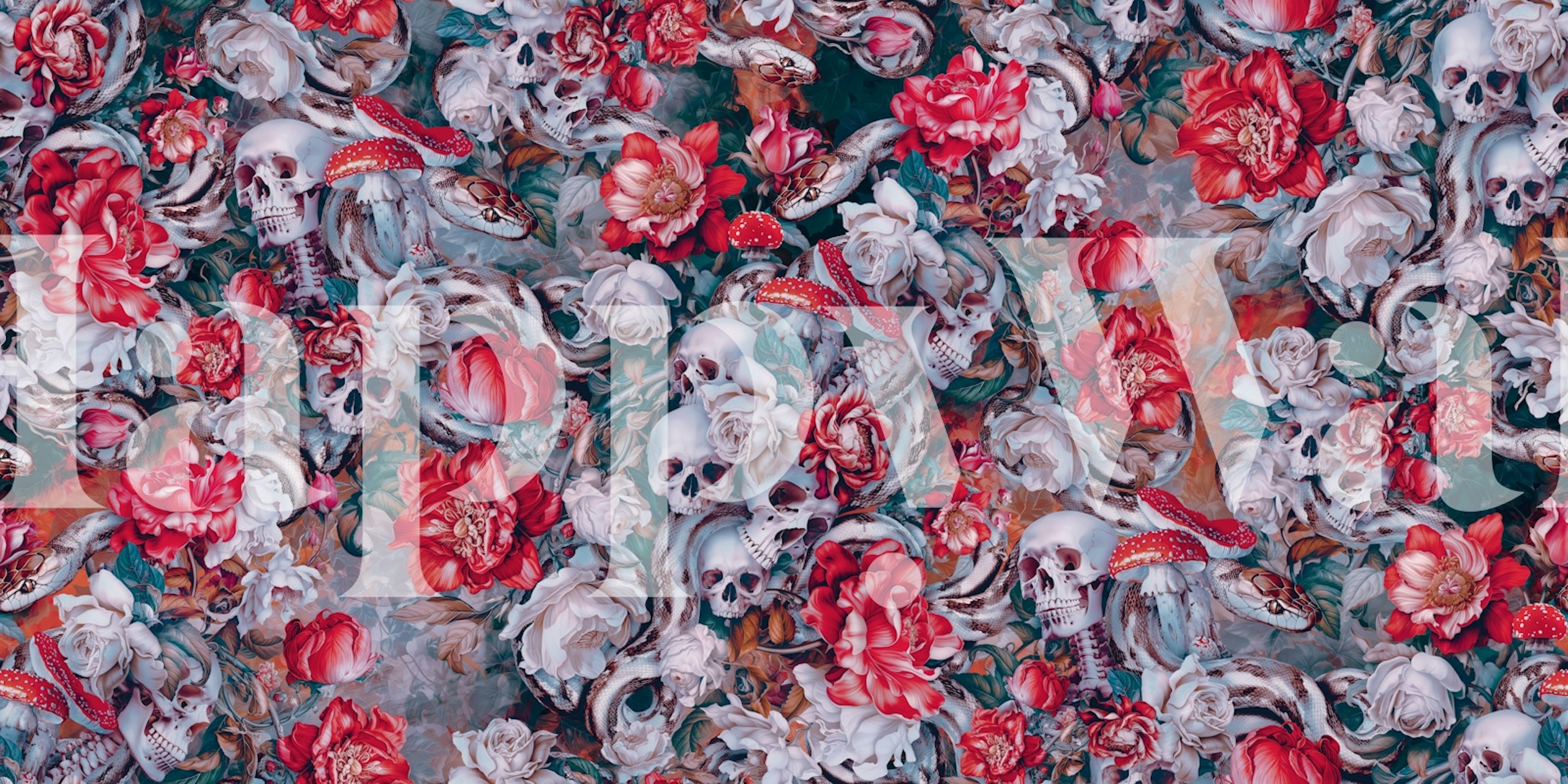 Colorful skulls and snakes intertwined with red and white flowers wallpaper