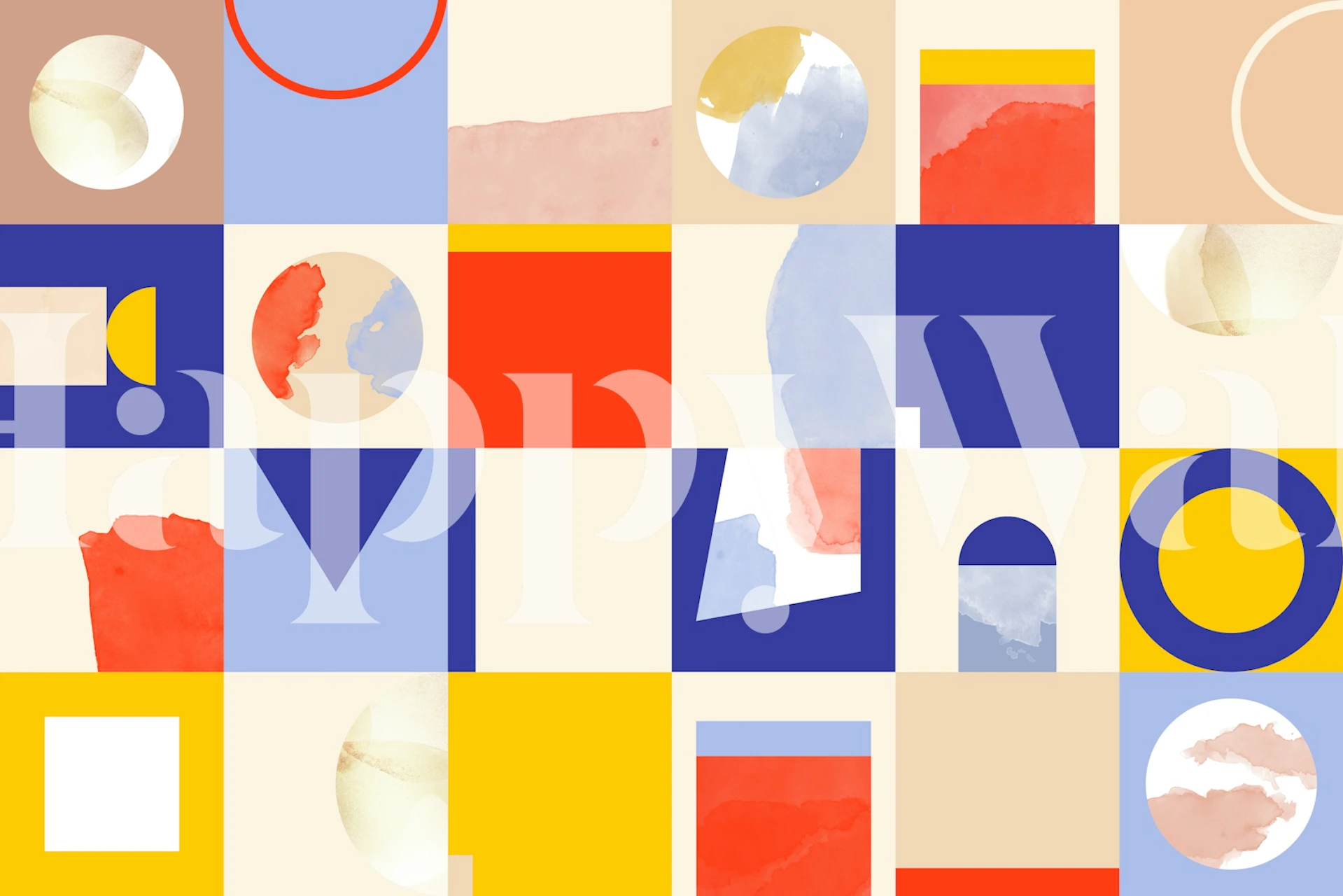 Colorful geometric abstract shapes in yellow, blue, red and beige wallpaper