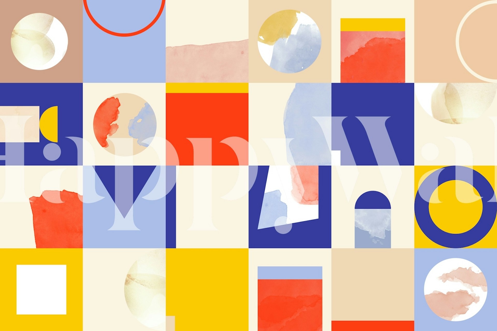 Colorful geometric abstract shapes in yellow, blue, red and beige wallpaper