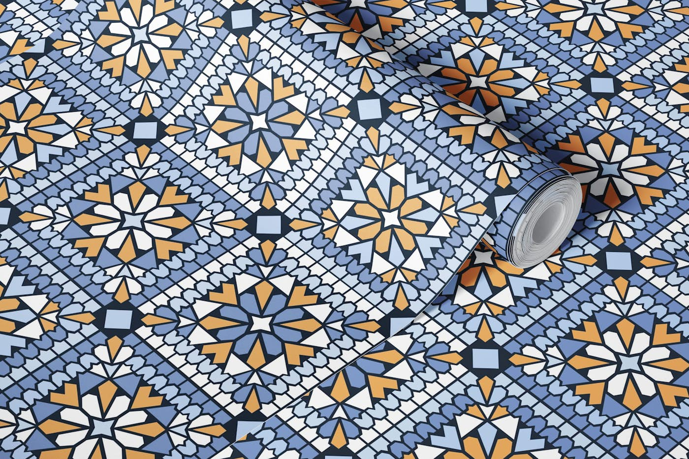 Portuguese tiles blue orange wallpaper roll