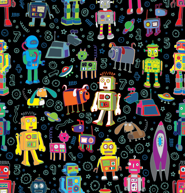 Robots in space - multicoloured on black