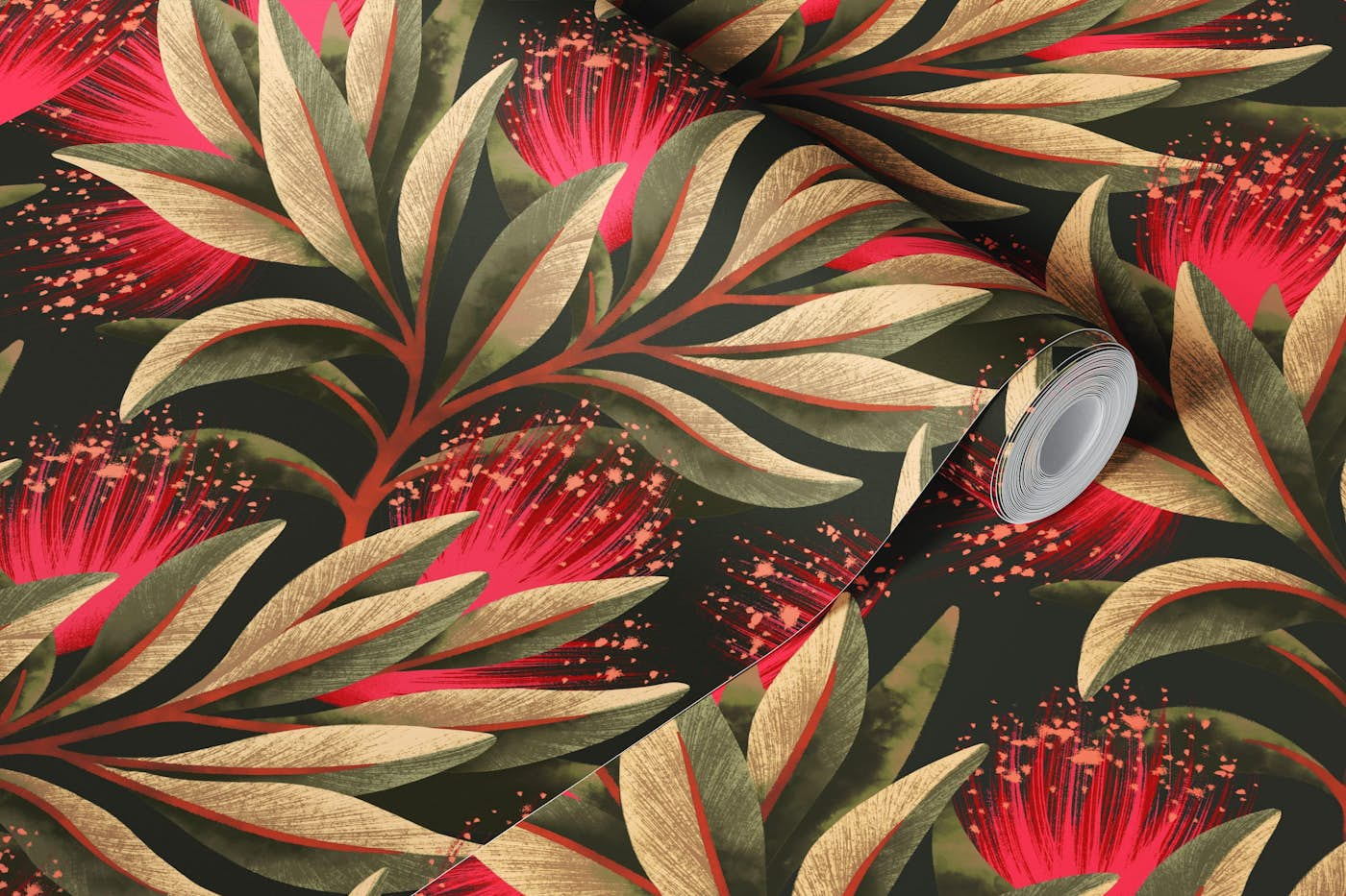 Pohutukawa Floral - Warm Red wallpaper roll