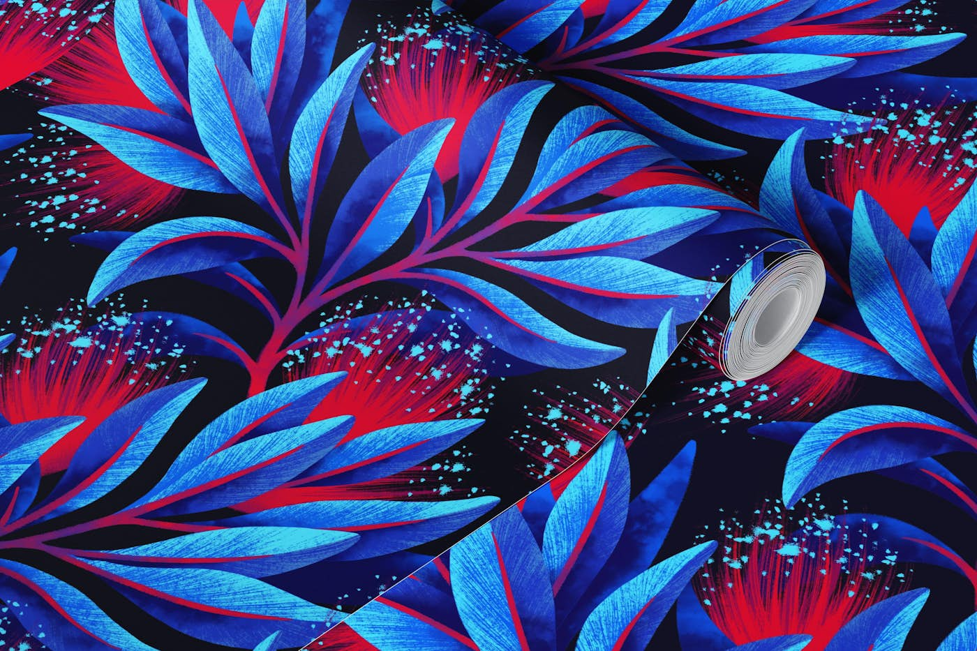 Pohutukawa Floral - Blue / Red wallpaper roll