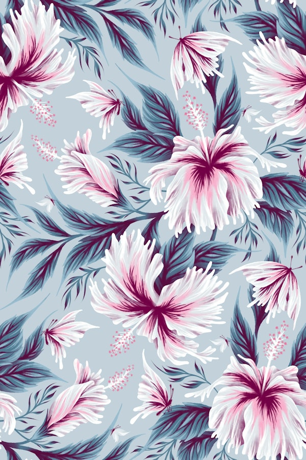 Hibiscus & Butterflies - Light Blue / Pink