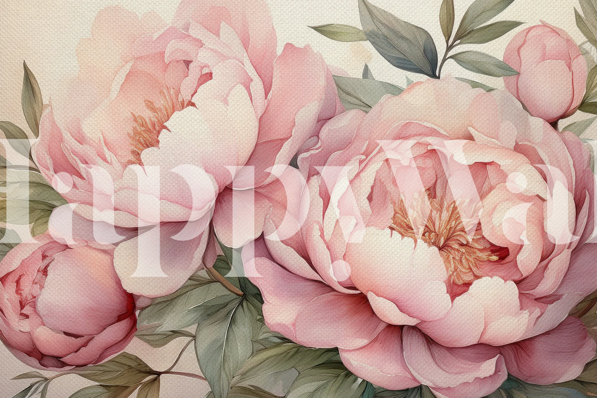 Pink peony flowers with green leaves wallpaper