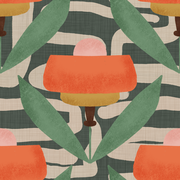 Abstract Retro Poppies Mid Century Mod Floral