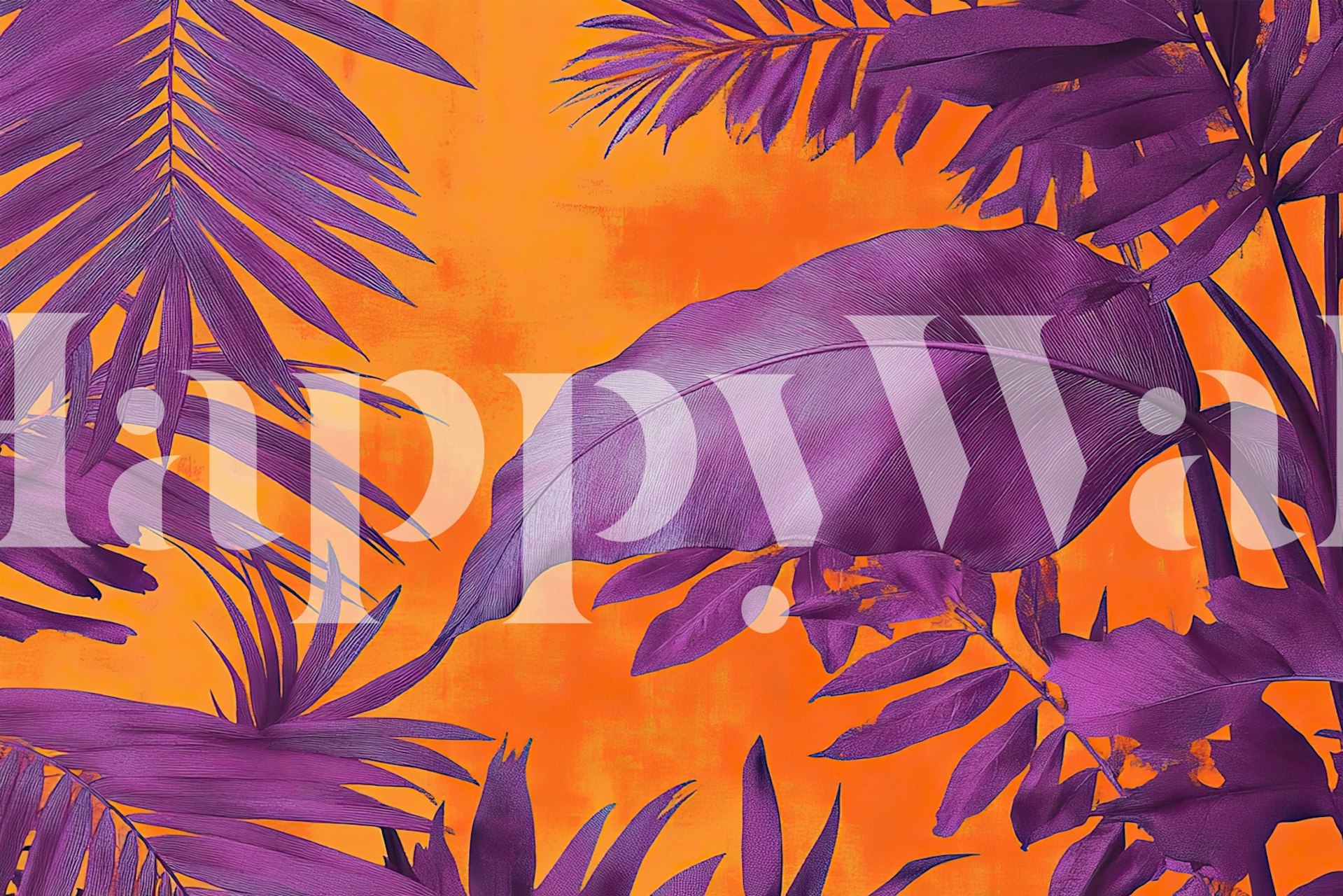 Tropical palm leaves in deep purple on orange background wallpaper