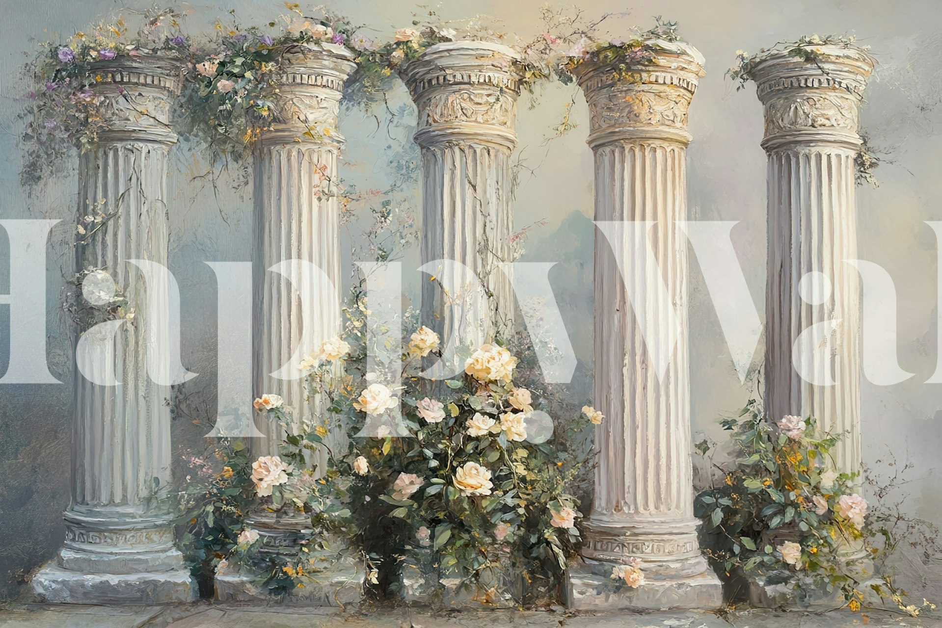 Illustrative wallpaper featuring columns adorned with flowers and greenery