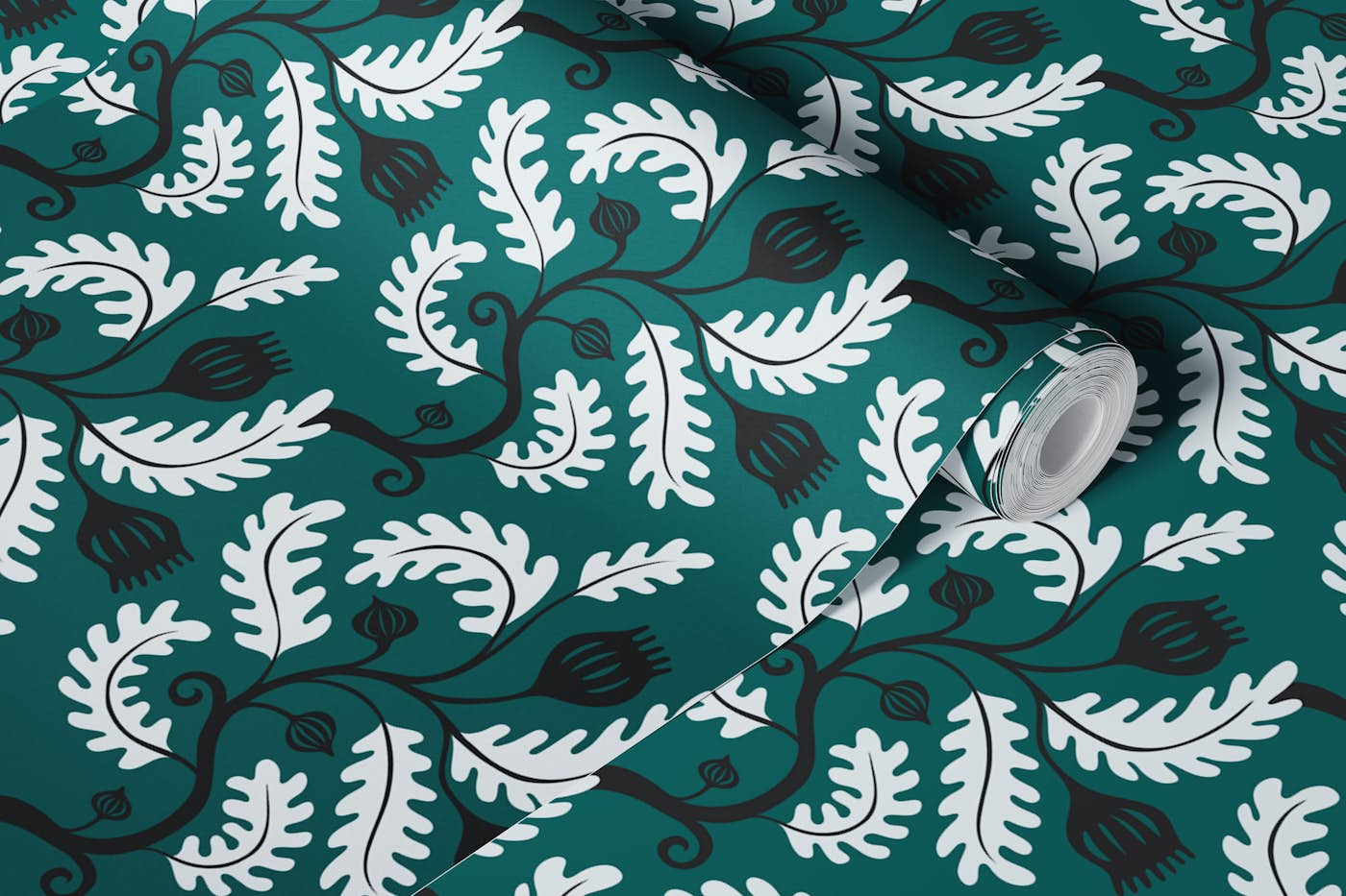 Twisting Vine - black and white on pine green wallpaper roll