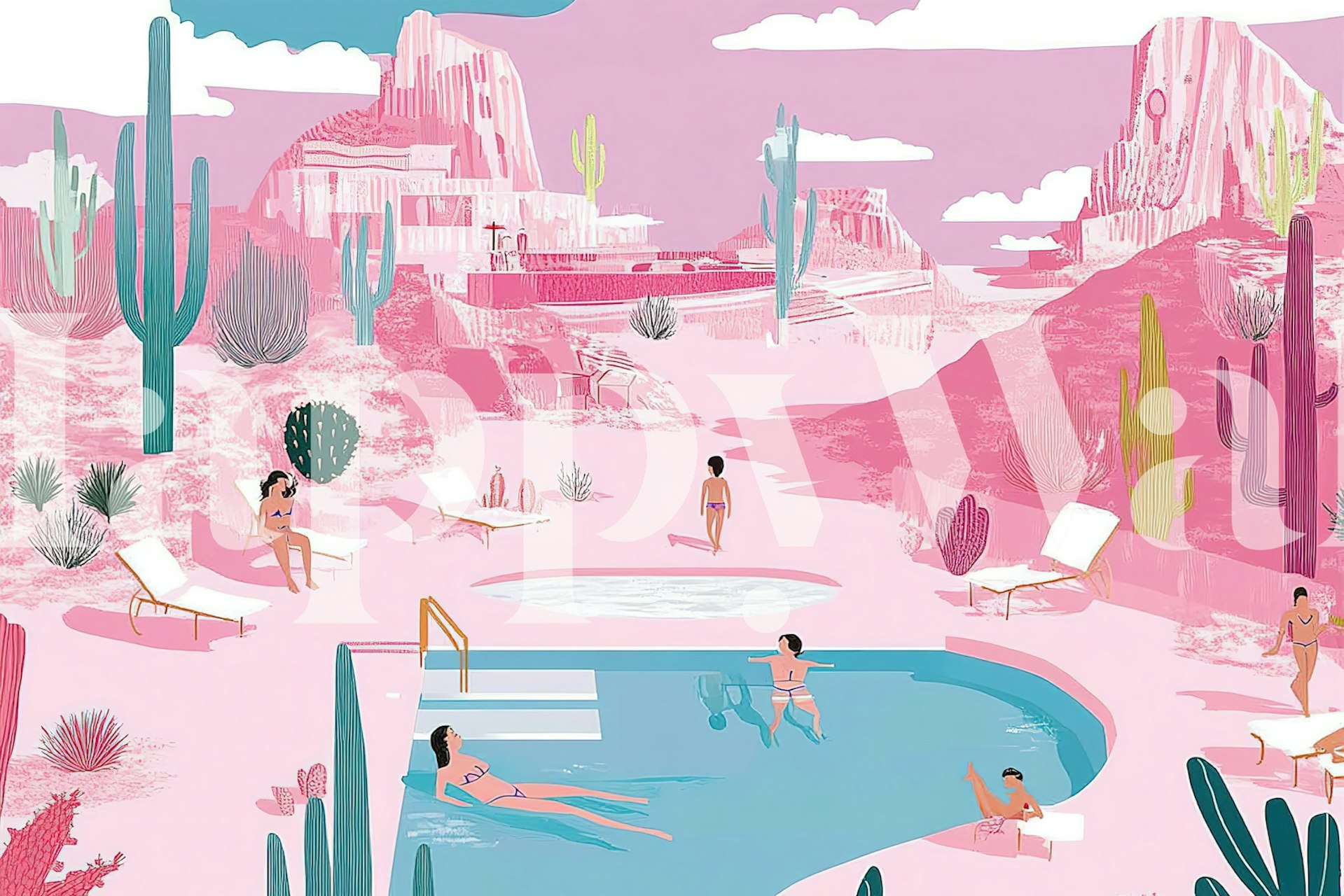 Pink poolside scene with cacti and lounging figures wallpaper