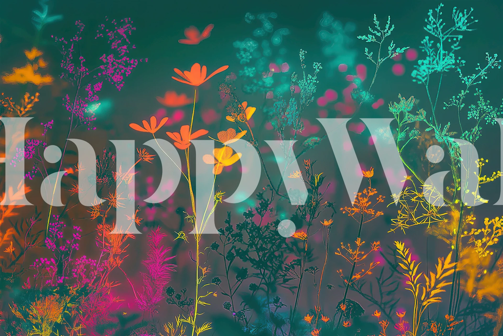 Colorful neon floral pattern with bright pink, orange and teal flowers wallpaper