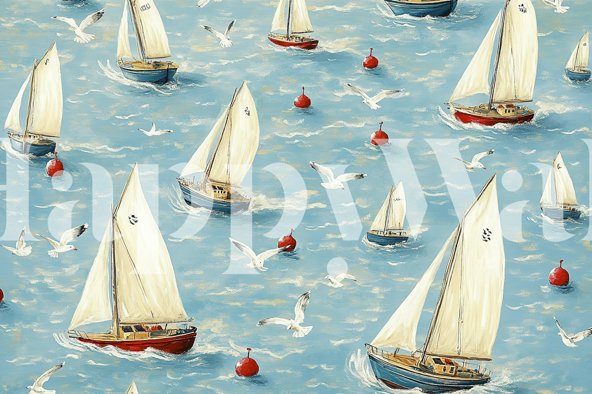 Sailing boats and seagulls on blue ocean wallpaper