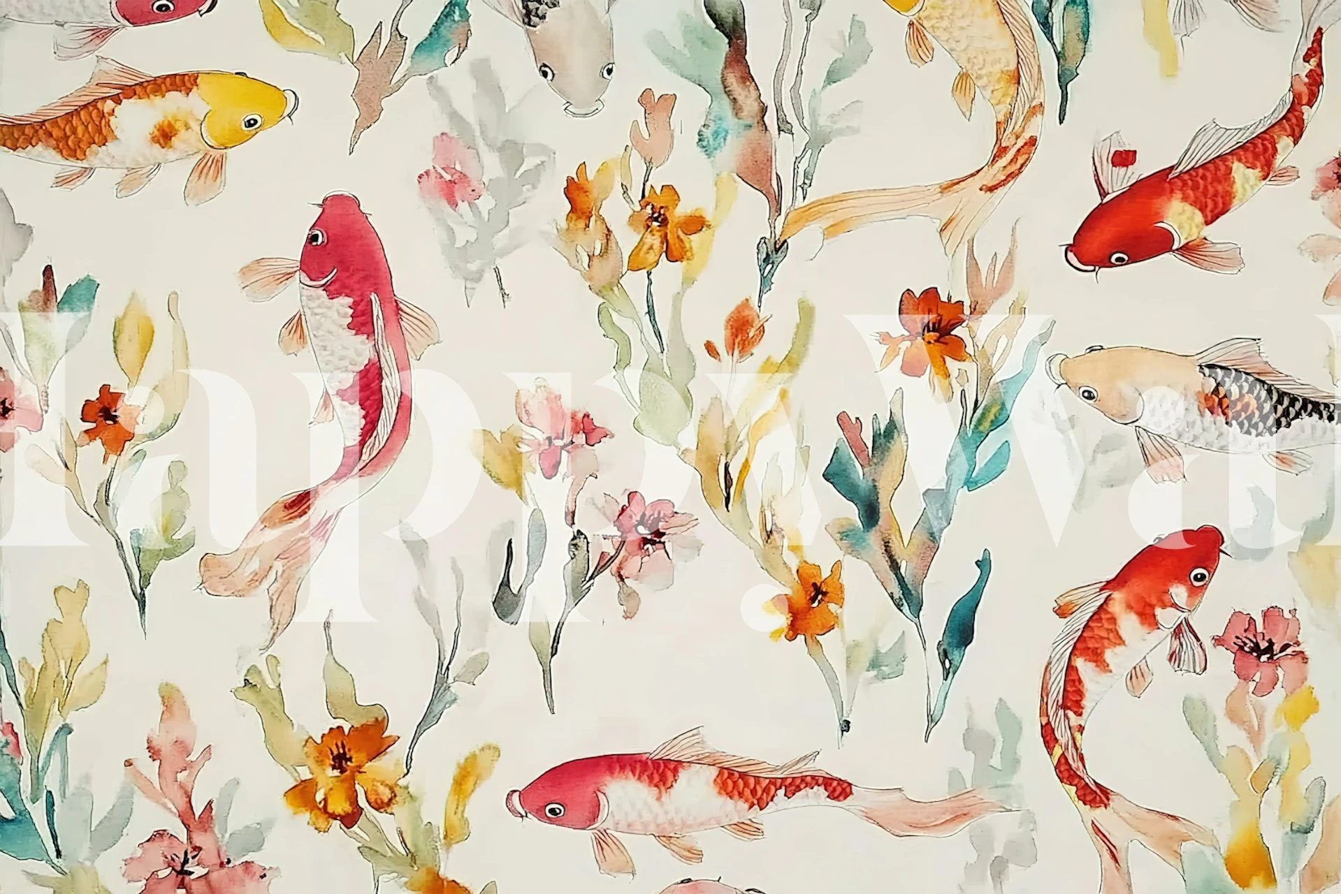 Colorful koi fish and flowers pattern wallpaper