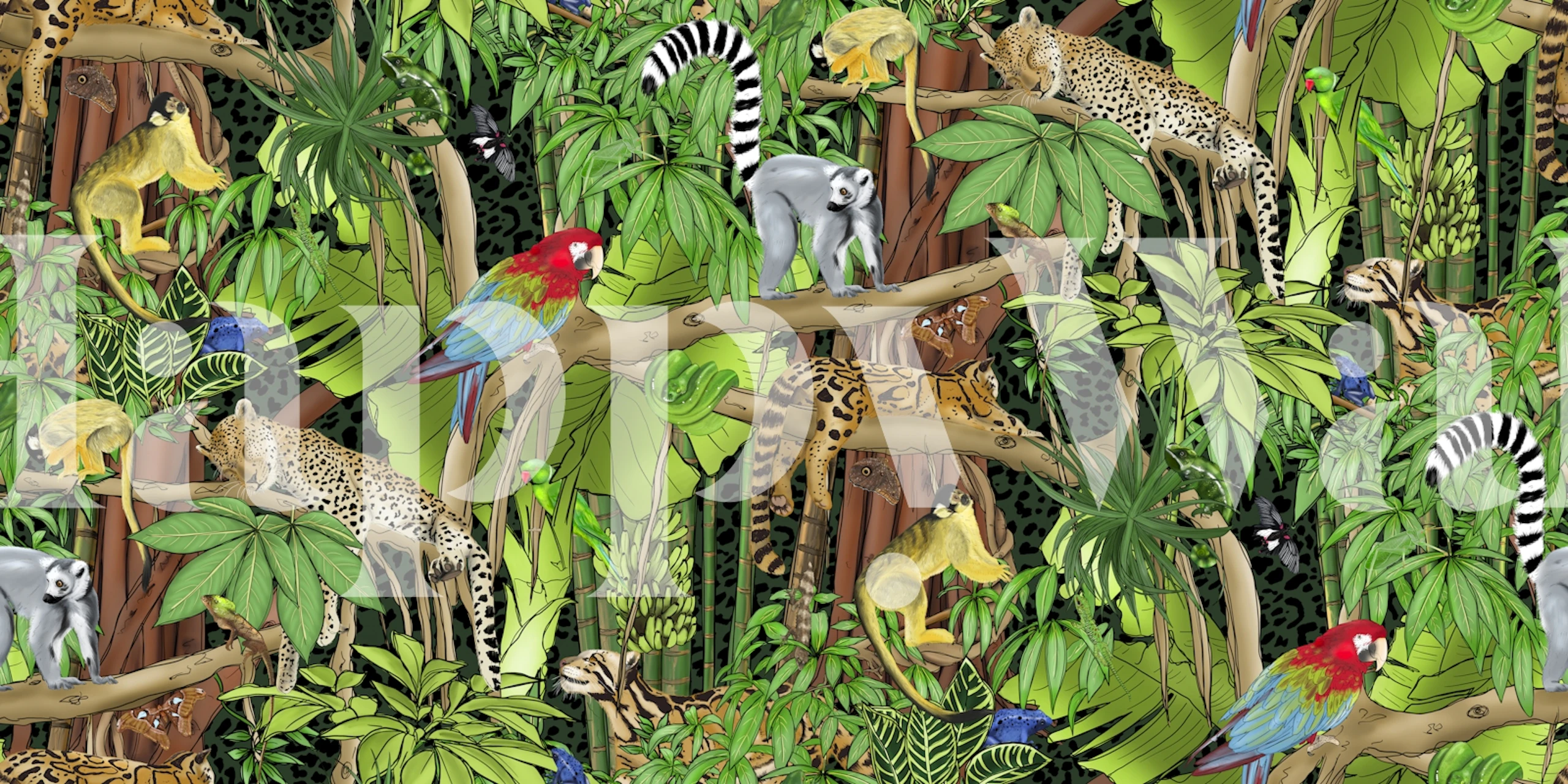 Vibrant jungle scene with colorful parrots and leopards in lush green foliage wallpaper