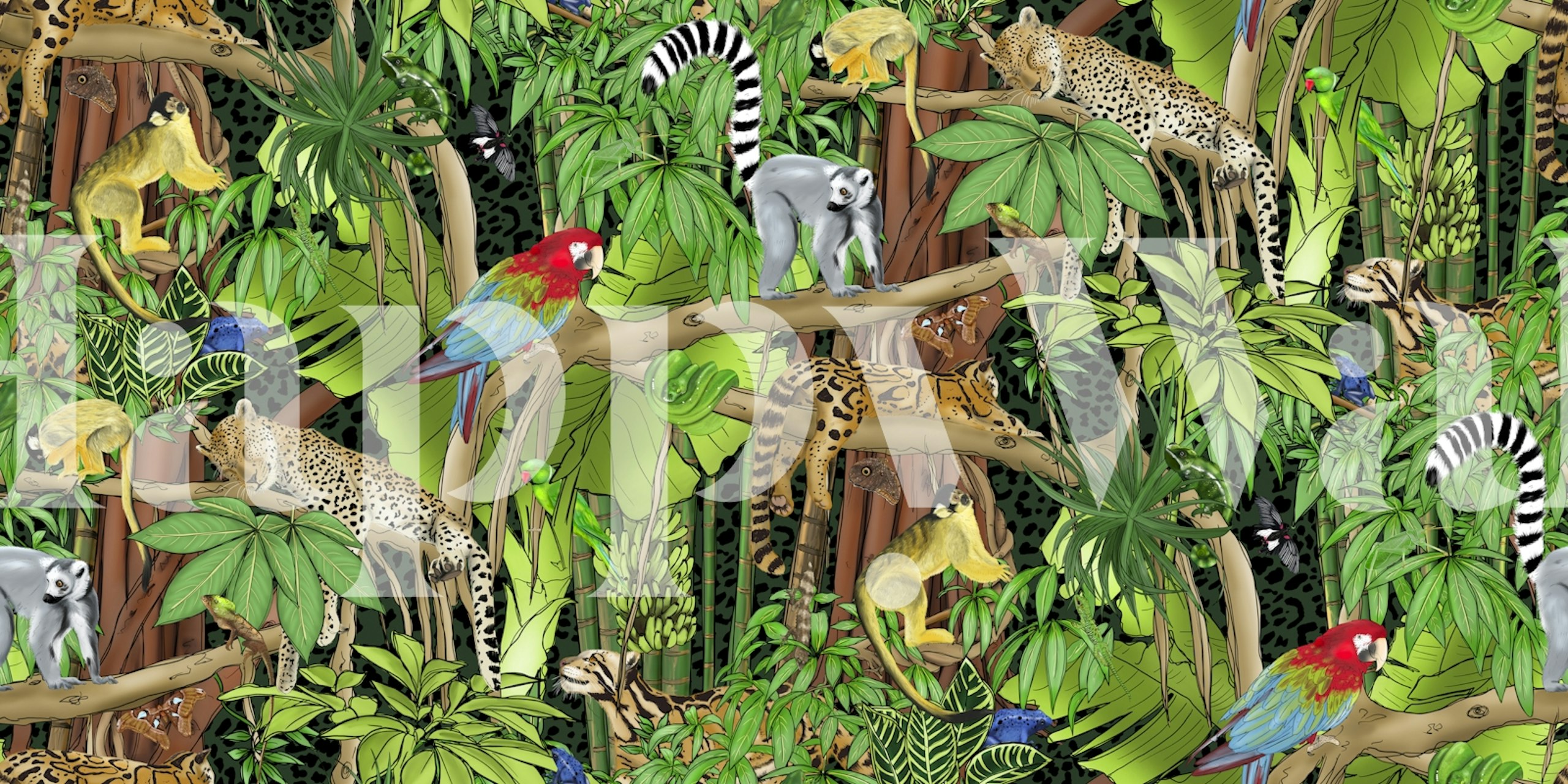 Vibrant jungle scene with colorful parrots and leopards in lush green foliage wallpaper