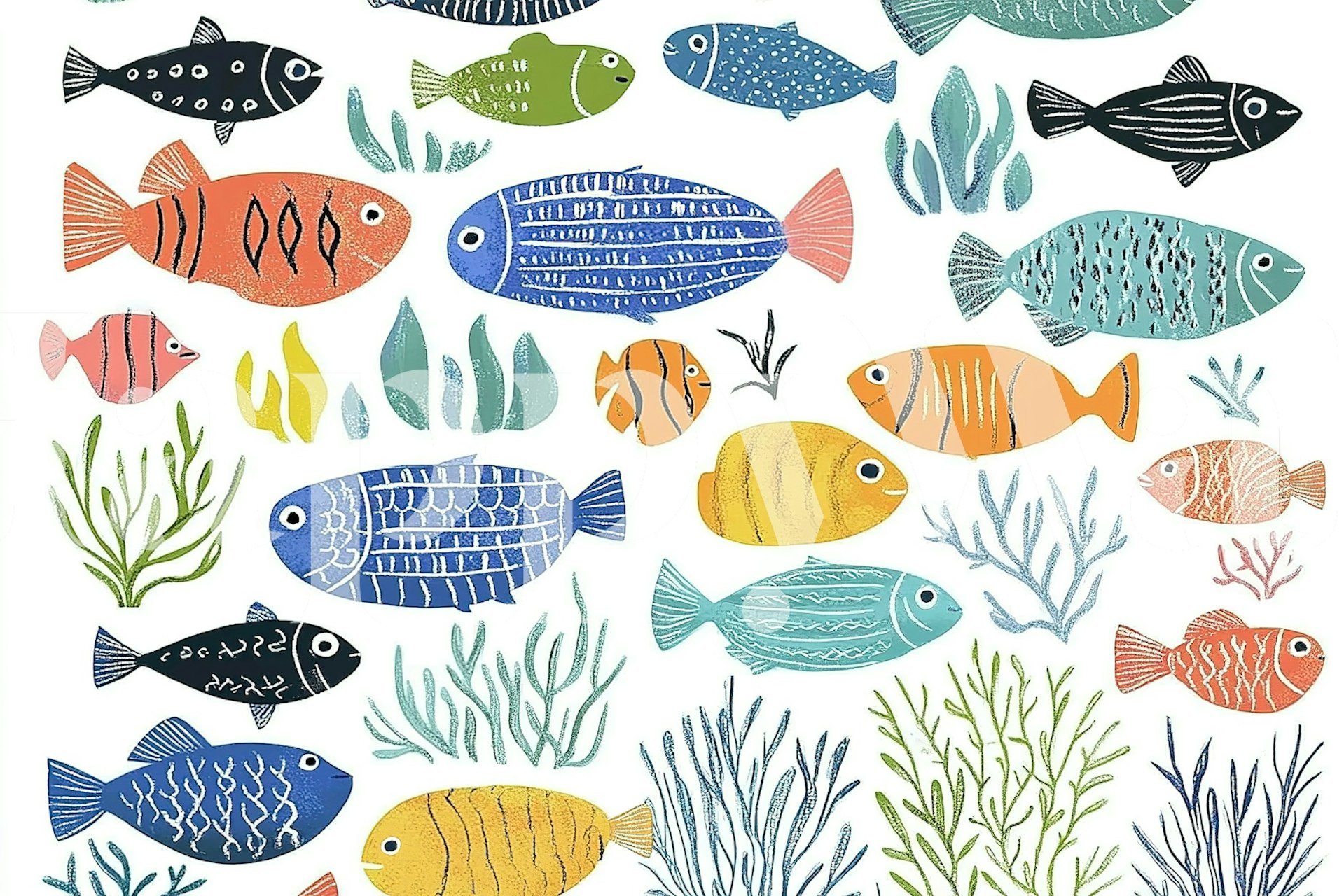 Colorful fish swimming among seaweed in a playful pattern wallpaper