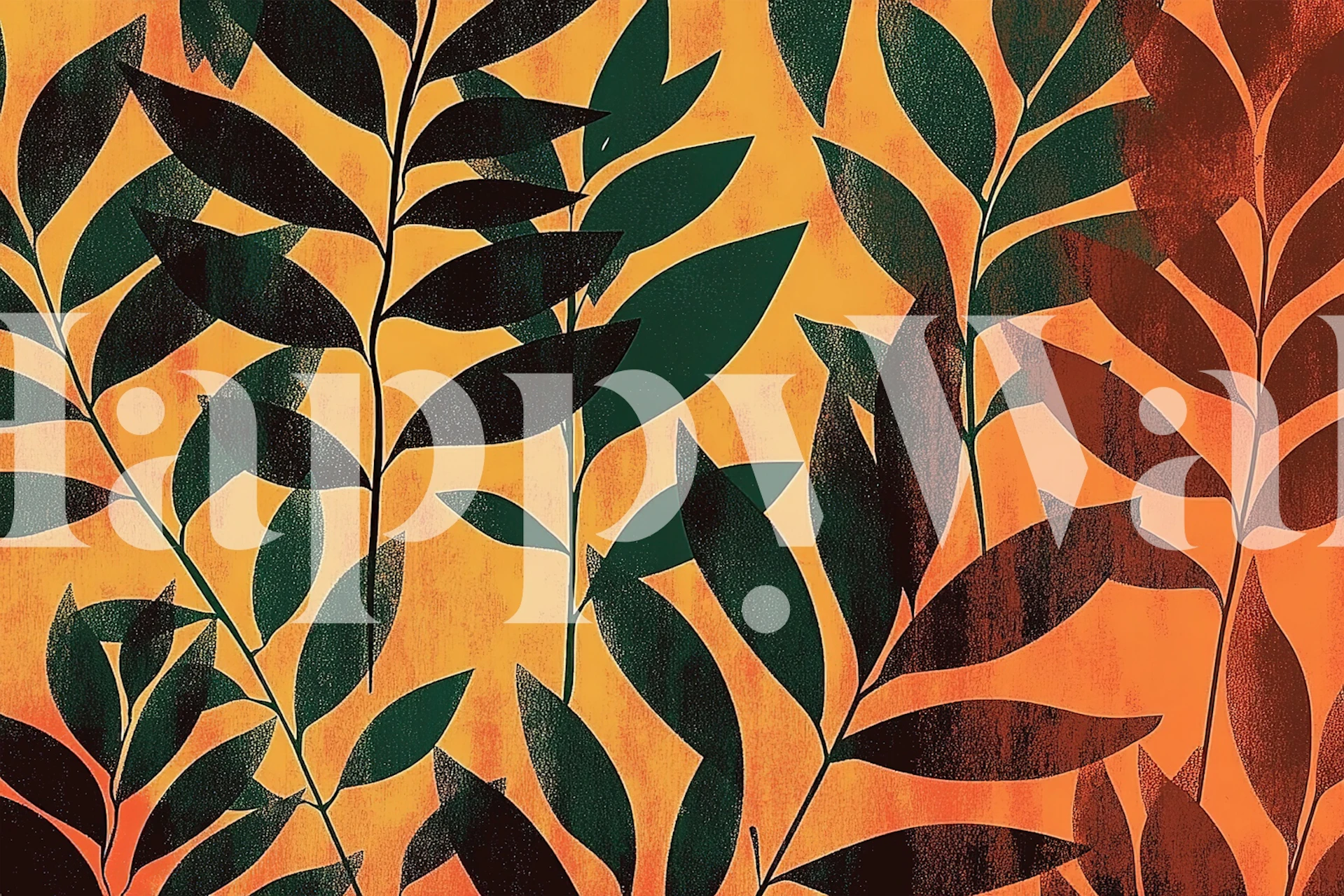 Leafy branches in dark green against an orange background wallpaper