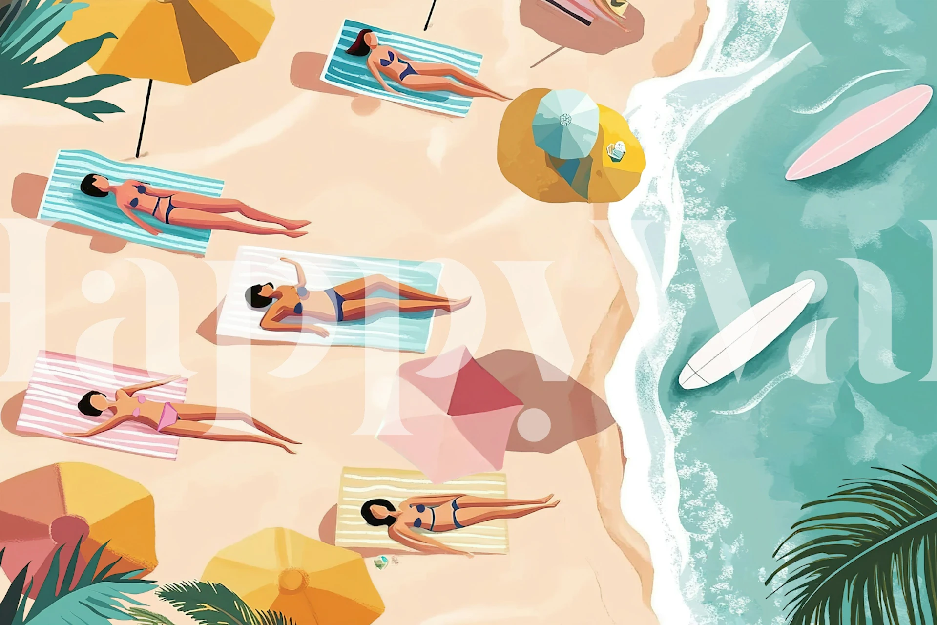Tropical beach scene wallpaper with sunbathers, colorful umbrellas, and ocean waves in vibrant colors.