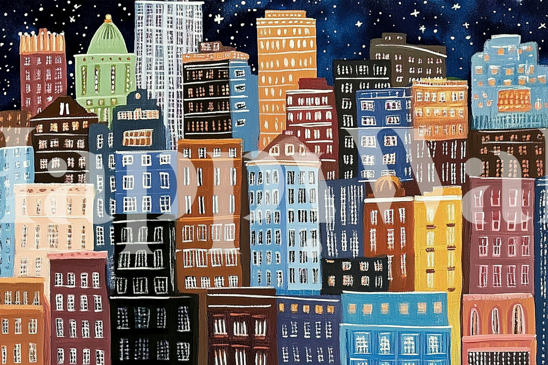 Colorful city skyline with blue, yellow, red buildings wallpaper