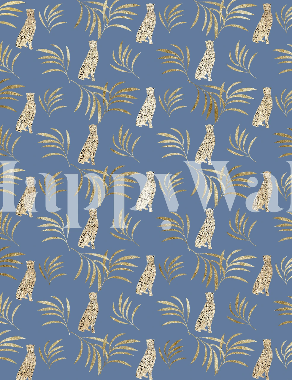 Cheetah and palm leaves patterned wallpaper in blue
