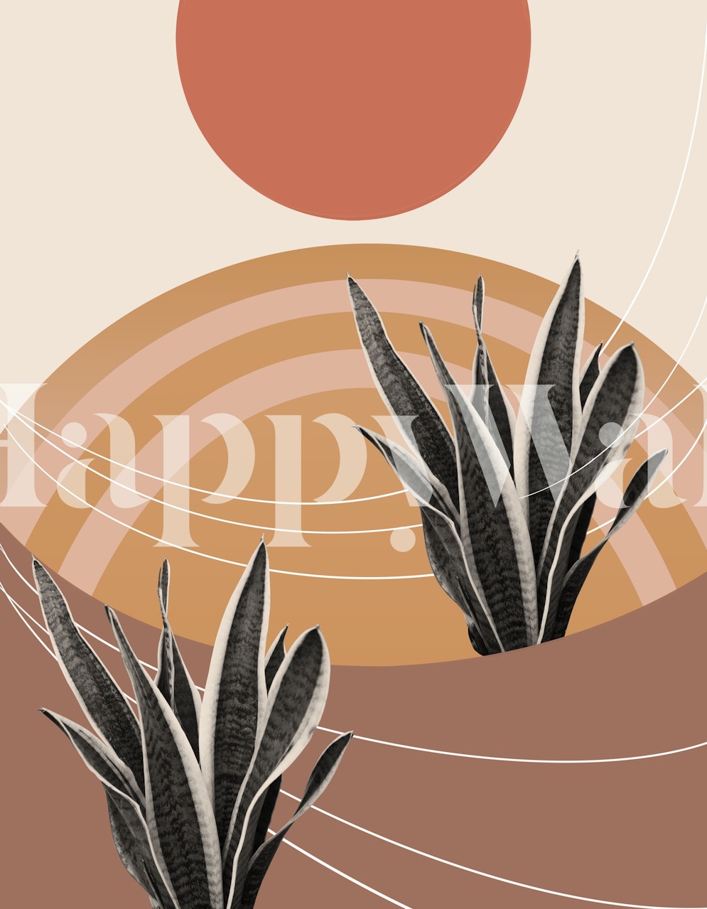 Minimalist snake plant wall mural in desert tones with abstract sun