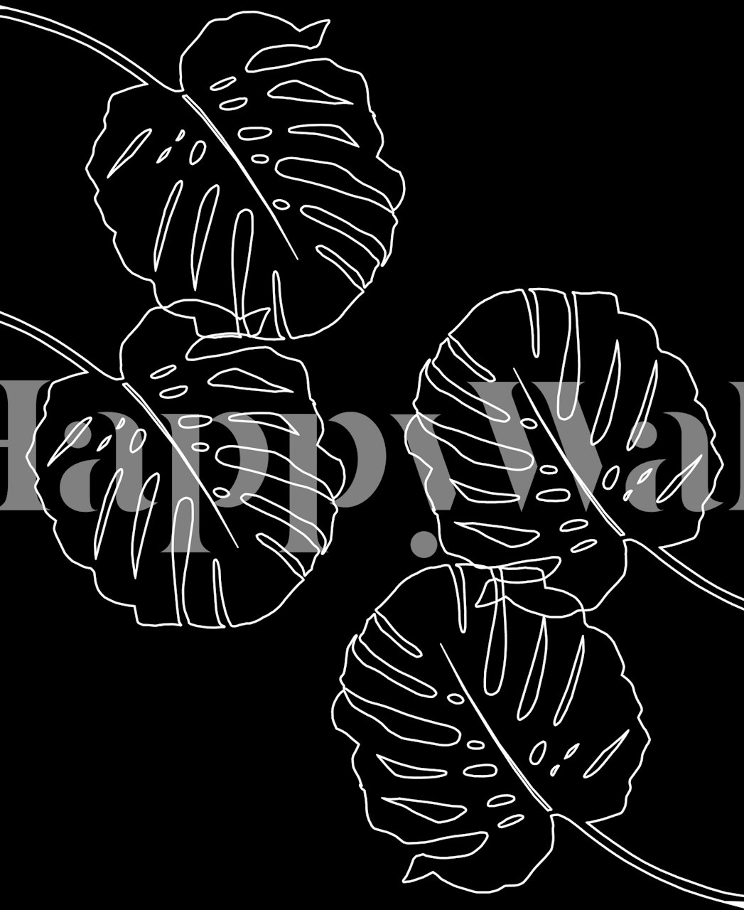 Monstera leaves design in white outline on black wallpaper
