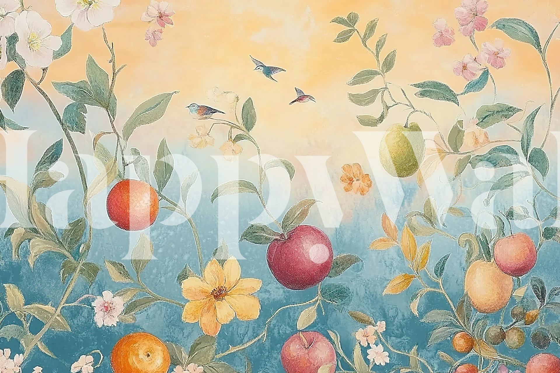 Colorful fruit and floral motifs in orange, yellow, and blue wallpaper