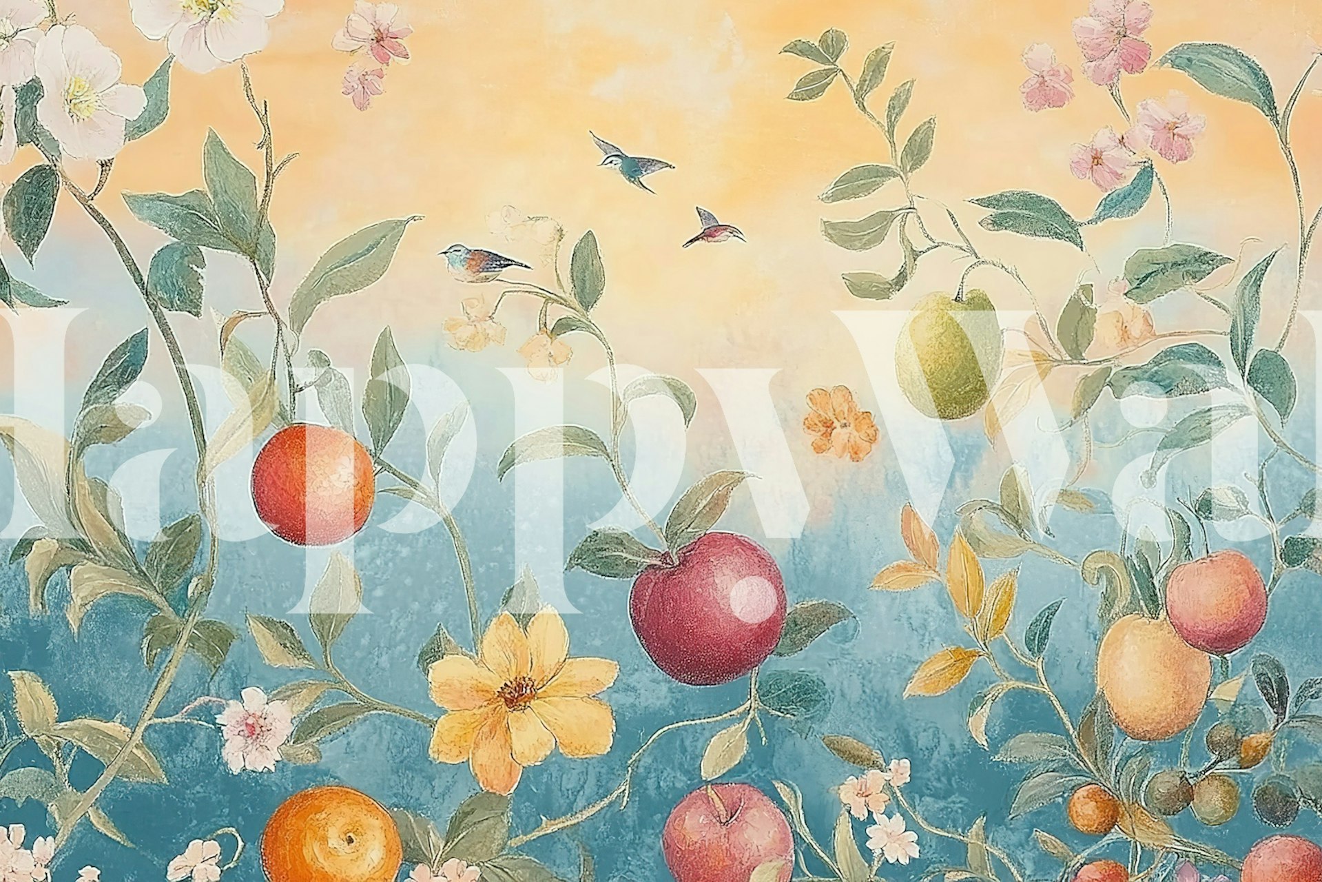 Colorful fruit and floral motifs in orange, yellow, and blue wallpaper
