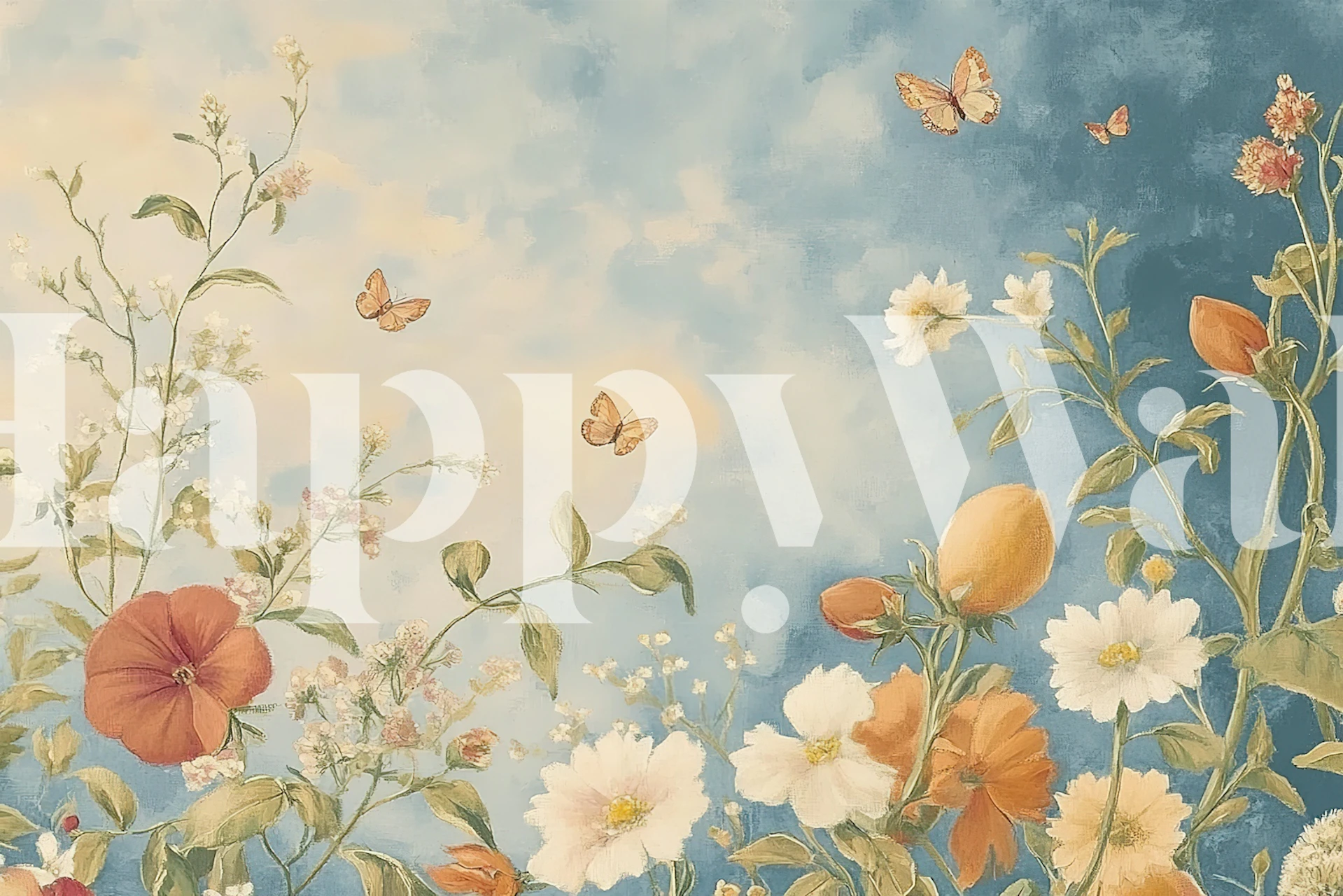 Blomster wallpaper med Flowers og some butterflies i et rum