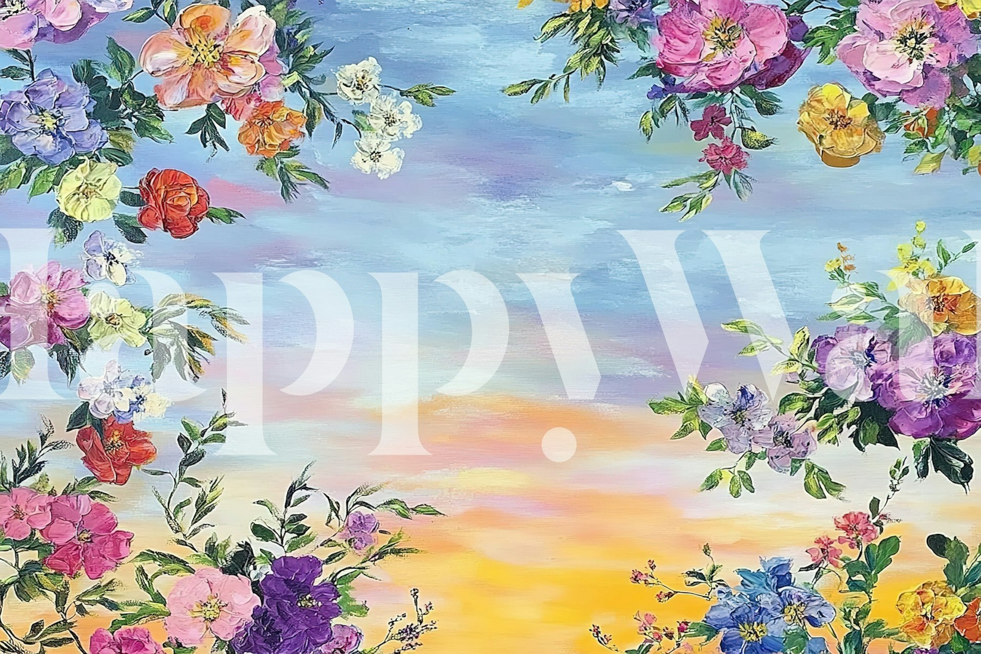 Colorful flowers and soft sunset sky wallpaper