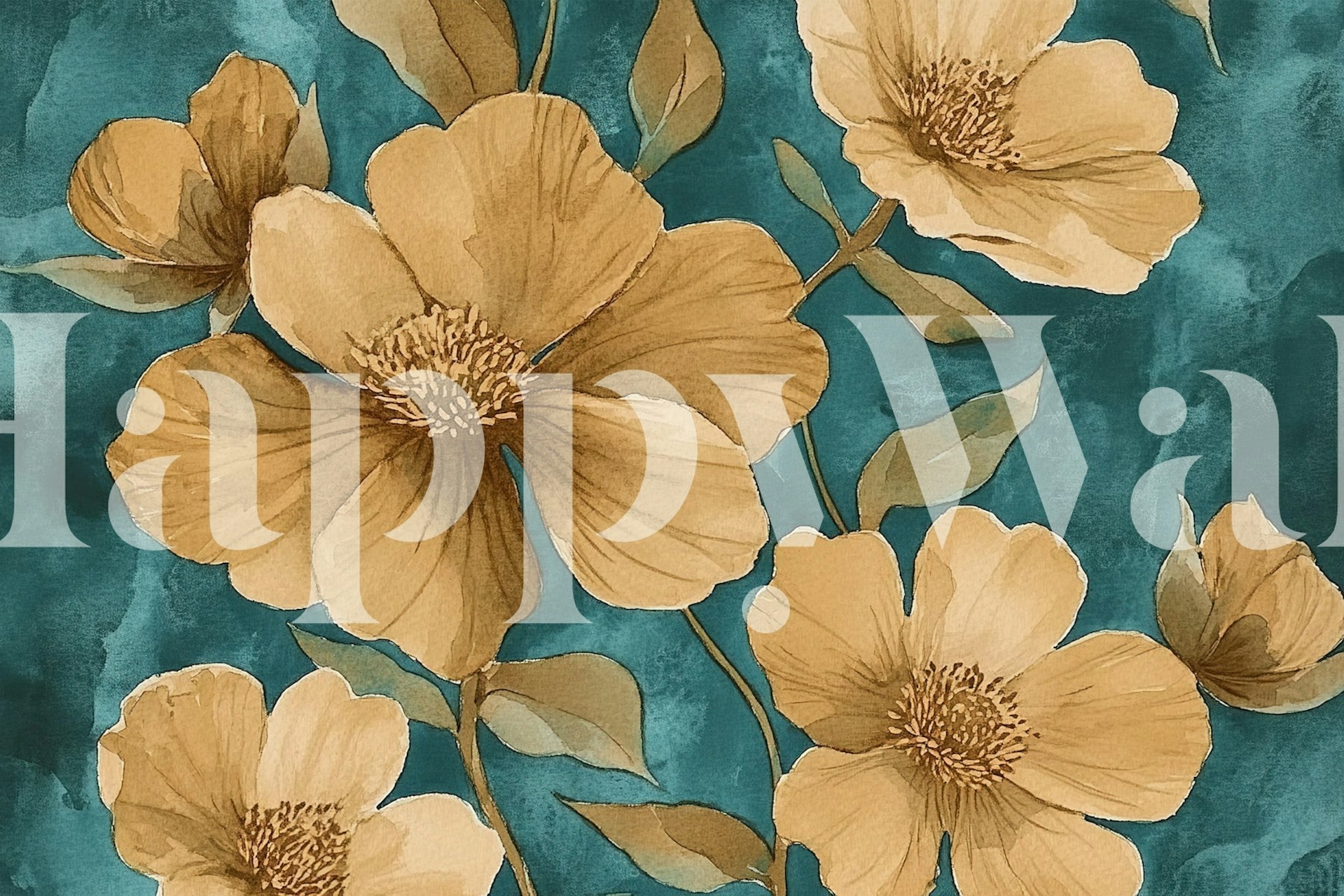 Beige watercolor flowers on teal background wallpaper