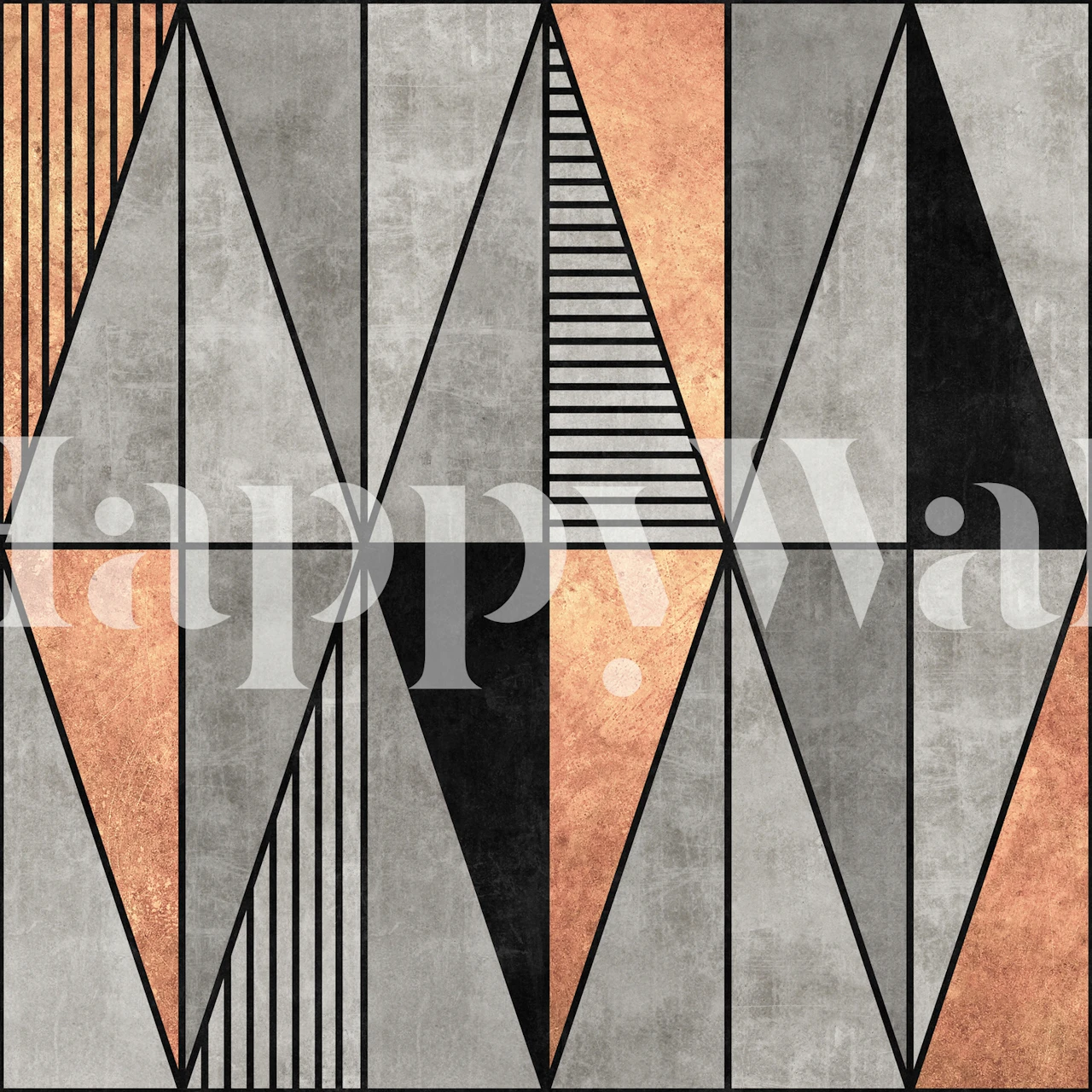 Geometric wallpaper with concrete and copper triangles. Black lines outline the design.